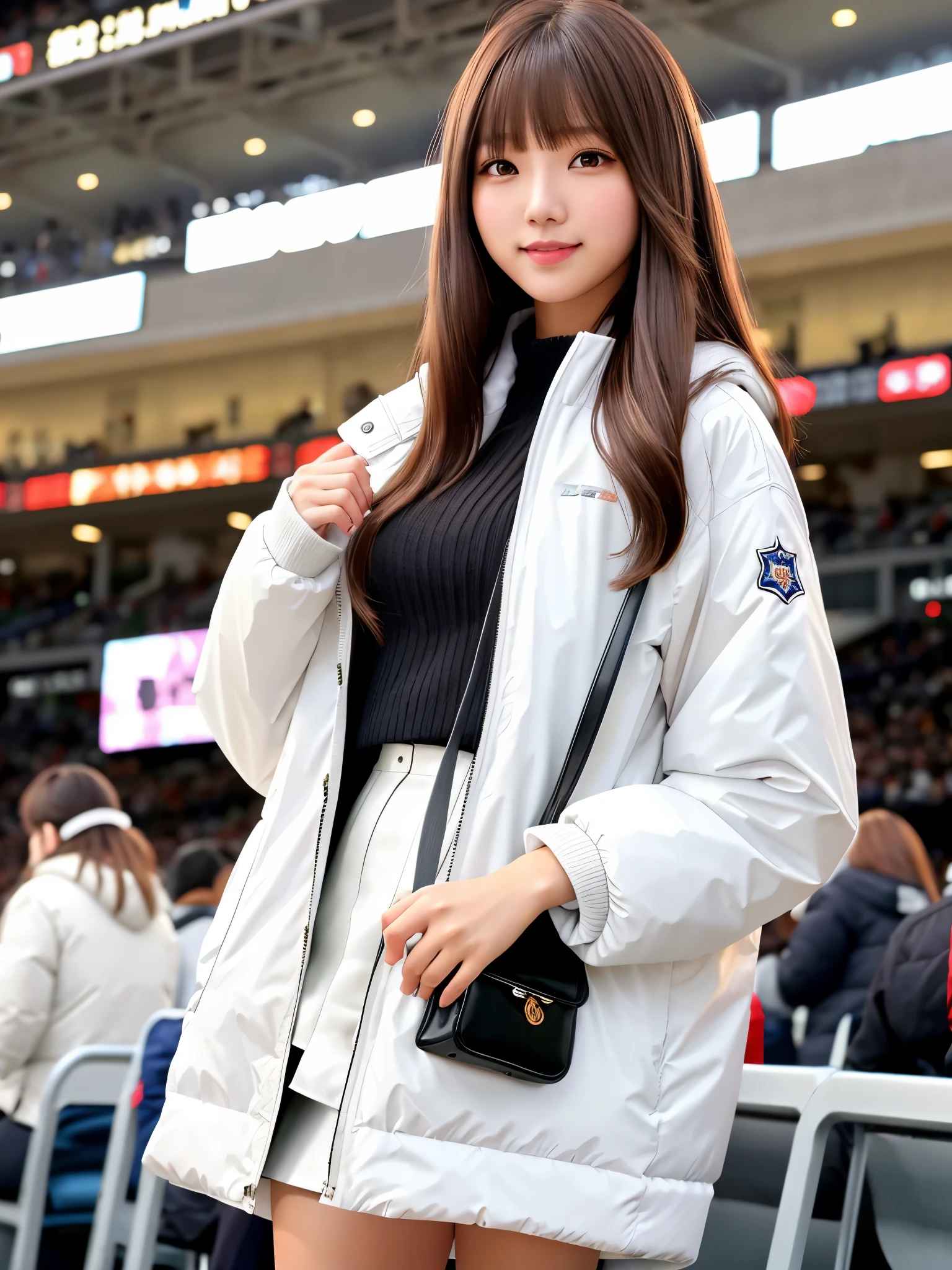 product quality, 1 girl, cowboy shot, front view, a Japanese young pretty girl, long bob hair, standing with a big smile in crowded audience seats in a football stadium in a big city, shiny satin white down parka over a black sweater, black miniskirt, a tote bag over her shoulder, hyper cute face, glossy lips, double eyelids for both eyes, natural makeup, shiny smooth light brown hair of long bob hair, asymmetrical bangs, high resolution, high detail, detailed hairstyle, detailed face, cinematic lighting, octane rendering, hyper realistic, perfect limbs, perfect anatomy