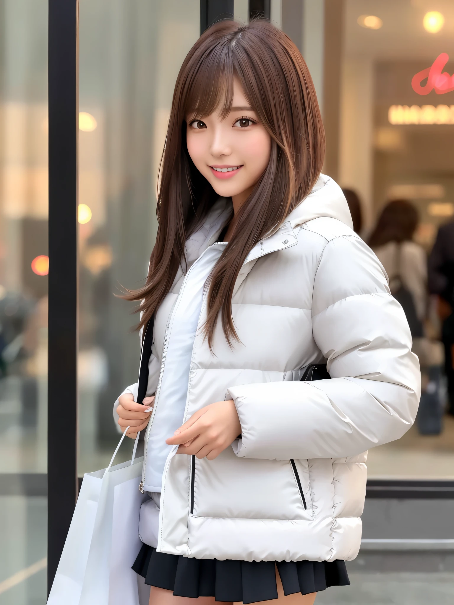 product quality, 1 girl, cowboy shot, front view, a Japanese young pretty girl, long bob hair, shopping with a big smile in a crowded luxury boutique in a big city, shiny satin white down parka over a black sweater, black miniskirt, a tote bag over her shoulder, hyper cute face, glossy lips, double eyelids for both eyes, natural makeup, shiny smooth light brown hair of long bob hair, asymmetrical bangs, high resolution, high detail, detailed hairstyle, detailed face, cinematic lighting, octane rendering, hyper realistic, perfect limbs, perfect anatomy