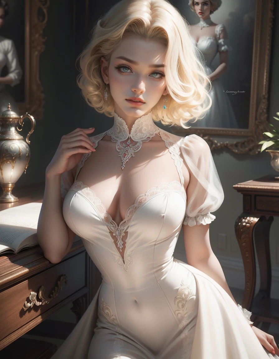 (Masterpiece - Ultra-Detailed, High Resolution) Prepare to be enchanted by a true masterpiece that combines ultra-detailed art with high-resolution rendering. This work shows a mesmerizing woman, with short, light blonde hair, 1950s style, Marilyn Monroe (1.3) and captivating brown eyes (1.2),(brown eyes) New York illustration style, wearing red lipstick, emanating an aura of elegance and mystery. Wearing victorian classic 1950s clothing. sexy. Intricate details and realistic textures invite you to explore every aspect of this enchanting composition. Transparent white dress. Walking, writing, lying, standing, on your back, dynamic poses. Get ready to dive into a world where beauty and craftsmanship merge perfectly.