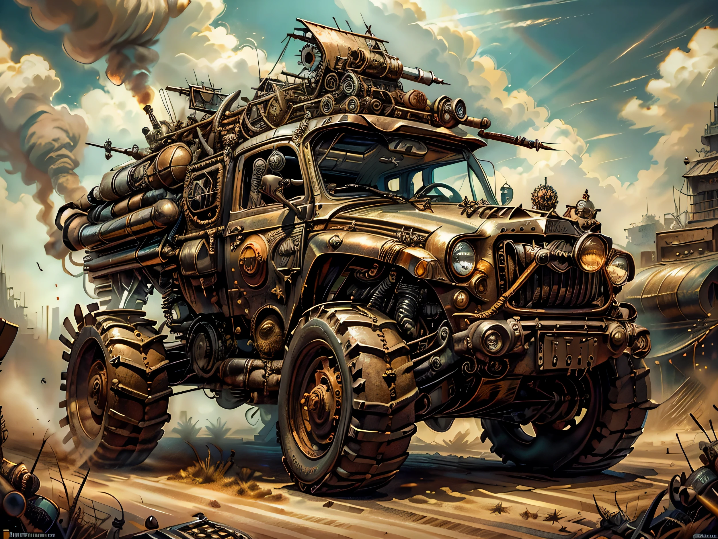 high resolution, 32K detailed and sharp image. La imagen debe ser super original y compleja, con una variedad de colores hermosos y vibrantes.(Obra maestra, Mejor calidad),vehiculo al estilo mad max a toda velocidad ,dejando estelas de arena vehiculos grandes ,mucho metal y epicos, conductores hombres al estilo mad max, peinados estilo punk adornos de metal cadenas. The backdrop of this masterpiece is nothing short of epic...., showing a destructive apocalyptic scene