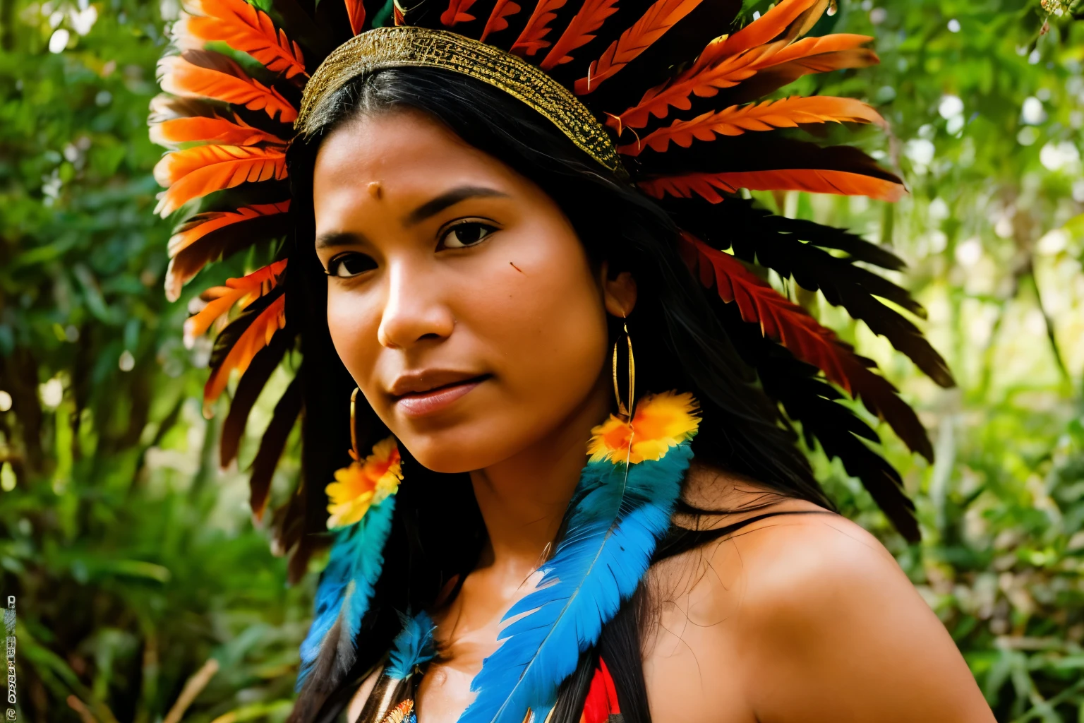 ((RAW photo, Best quality)), (Realistic, photo-realistic:1.2). A beautiful indigenous girl in native dress with feathers and feathers on her head, amazon indian peoples in brazil, beautiful young female brazilian Native girl, Yanomami Indian in typical costumes,High quality. Amazonia forest Background.