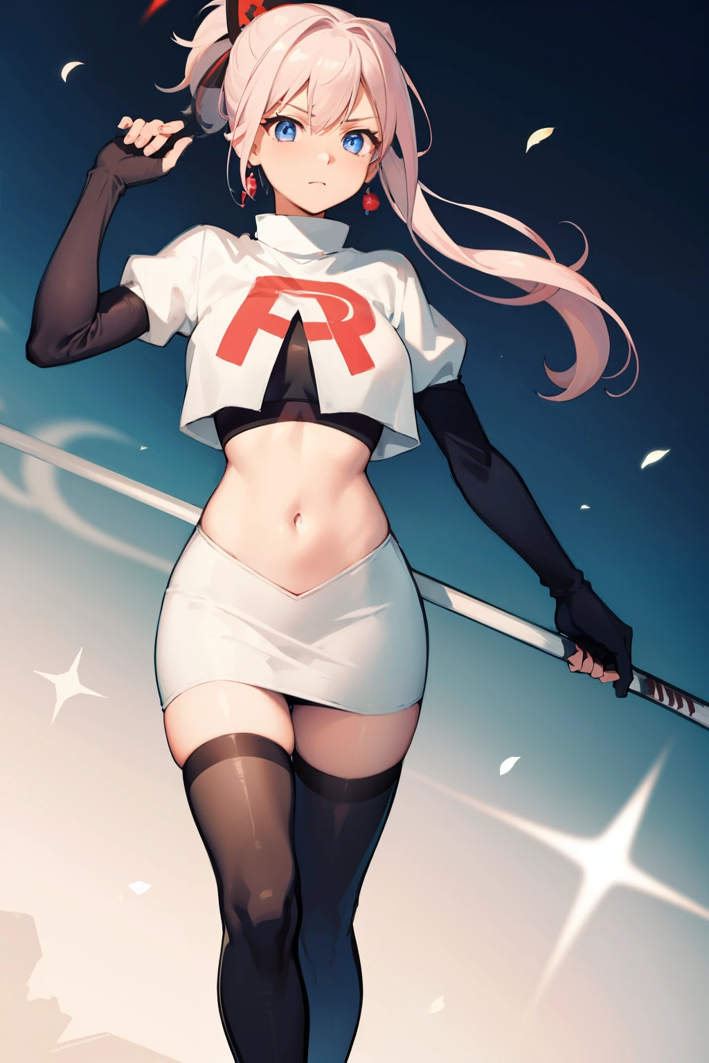 miyamotomusashi, miyamoto musashi, asymmetrical hair, blue eyes, earrings, hair ornament, pink hair, ponytail, sidelocks,team rocket,team rocket uniform, red letter R, white skirt,white crop top,black thigh-highs,black elbow gloves