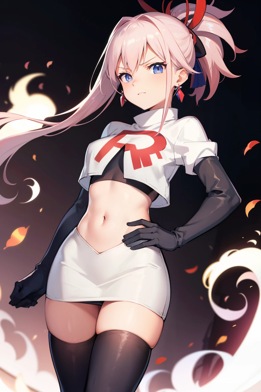 miyamotomusashi, miyamoto musashi, asymmetrical hair, blue eyes, earrings, hair ornament, pink hair, ponytail, sidelocks,team rocket,team rocket uniform, red letter R, white skirt,white crop top,black thigh-highs,black elbow gloves