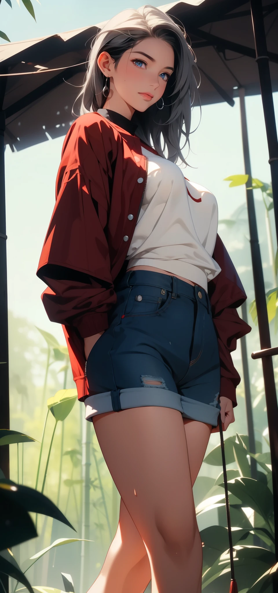 1female，36 years old，MILF，mature，Bigchest，Big breasts Thin waist，slenderlegs，long leges，Busty and sexy，Pornographic exposure， solo，（Background with：bamboo forrest，clubs） She has long silver-gray hair，standing on your feet，Sweat profusely，drenched all over the body，seen from the front， hair straight， mostly cloudy sky，（（（tmasterpiece），（Very detailed CG unity 8K wallpaper），best qualtiy，cinmatic lighting，detailed back ground，beatiful detailed eyes，Bright pupils，（Very fine and beautiful），（Beautiful and detailed eye description），Blue eyes，Redlip，ultra - detailed，tmasterpiece，）），facing at camera，A high resolution，ultra - detailed），revealing breasts，Bare genitalia，  Bulge，legs are open，sexyposture，Camel toes，Flushed complexion，Smile，frontage，（Wearing：Red baseball jacket，Black slave collar，Sexy denim shorts，athletic sneakers）