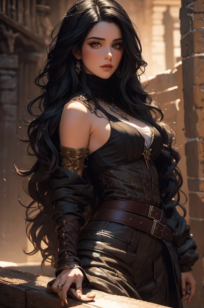Hermosa mujer que se parece a Yennefer de The Witcher como nigromante con cabello largo y negro y ojos violetas brillantes., obra maestra, ultra calidad, 8K, cabello cayendo sobre tus hombros