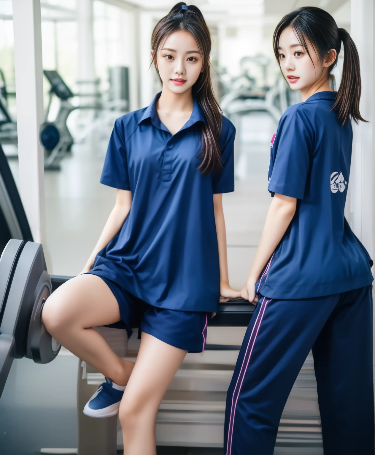2 girls in fitness center, Blue short sleeve shirt,Sweatpantsขายาวสีกรมท่า,Sweatpants, Sweatpantsขายาว,25 year old girl, lesbian, sexy, exercise clothes, wet body