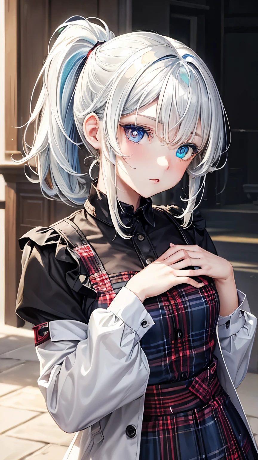 Japanese tidy girl ((flat chest, slender)), pale blonde smooth curly hair ((very short hair, upper ponytail )),((asymmetrical much shaggy long forelock)),BREAK, black shirt ((deep red tartan patterns )), tidy and lonely face, her arm grabbed by her other hand, ,BREAK, big droopy uneasy eyes (( shiny blue eye, shiny pale yellow eye, heterochromia:1.4)), eyelashes, blush , BREAK, tidy and solitary atmosphere,((face focus)), glancing up pose