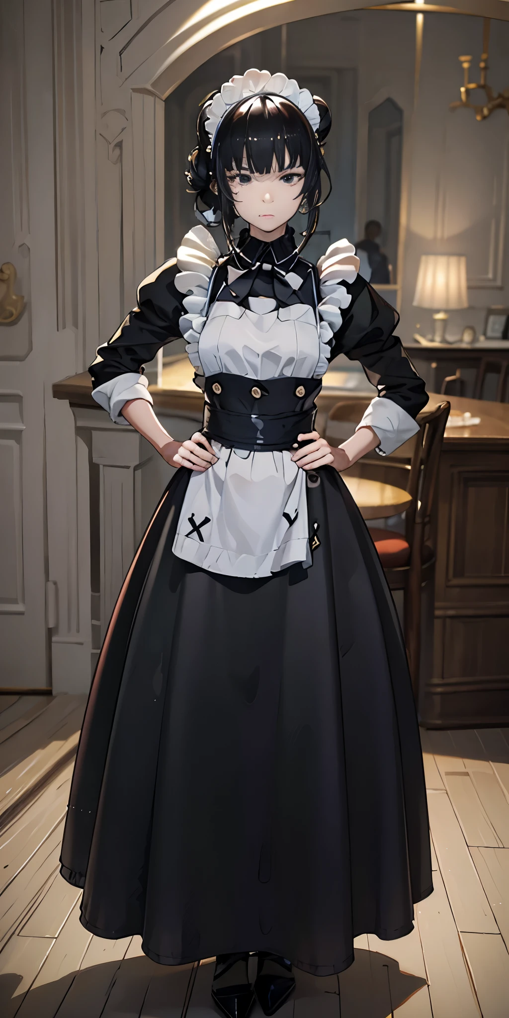 1girl, maid, solo, black hair, hands on hips, apron, maid headdress, single hair bun, black eyes, hair bun, looking at viewer, maid apron, yellow elements, (armor, armored dress,:1.1), emotionless, narberal_gamma, highres, sharp focus, pixiv masterpiece, ((intricate details)), highly detailed, full body,t pose
