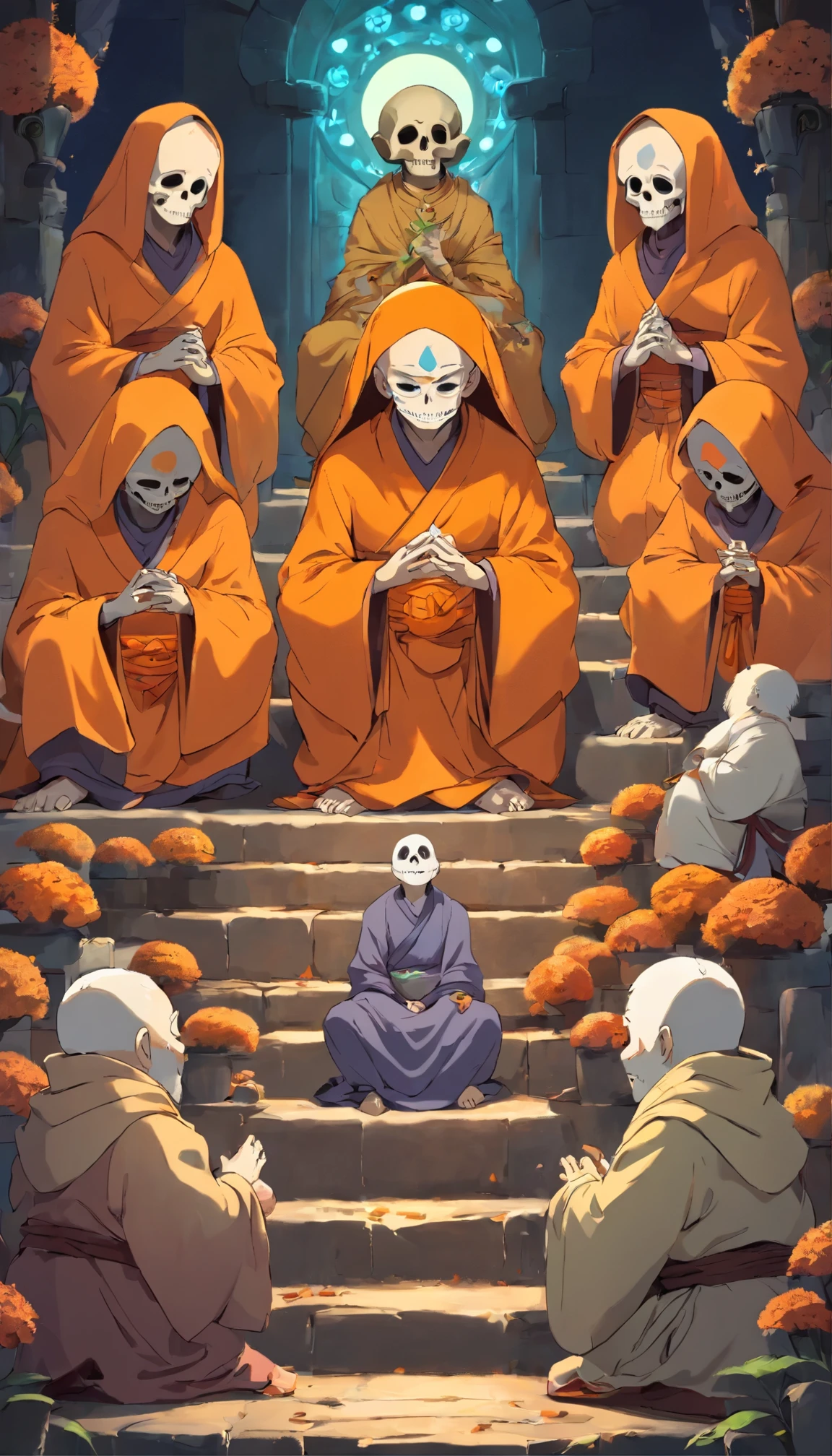 Monjes siendo atacados por muertos vivientes, The monks are seated, los muertos vivientes matan a los monjes
