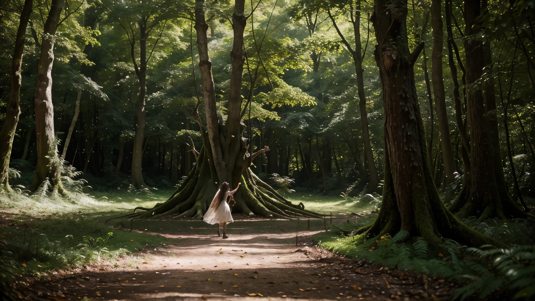 Vividly describe a magical, surreal scene in an enchanted forest, onde cogumelos gigantes se erguem como torres, Curious gnomes hide among the tree roots and fairies dance in the air, envolvidas por uma luz suave que transforma a paisagem em um reino de maravilhas. Explore as cores vibrantes, the mystical details and enchanting atmosphere of this surreal forest, criando uma narrativa que transporte os espectadores para um mundo de magia e encantamento.