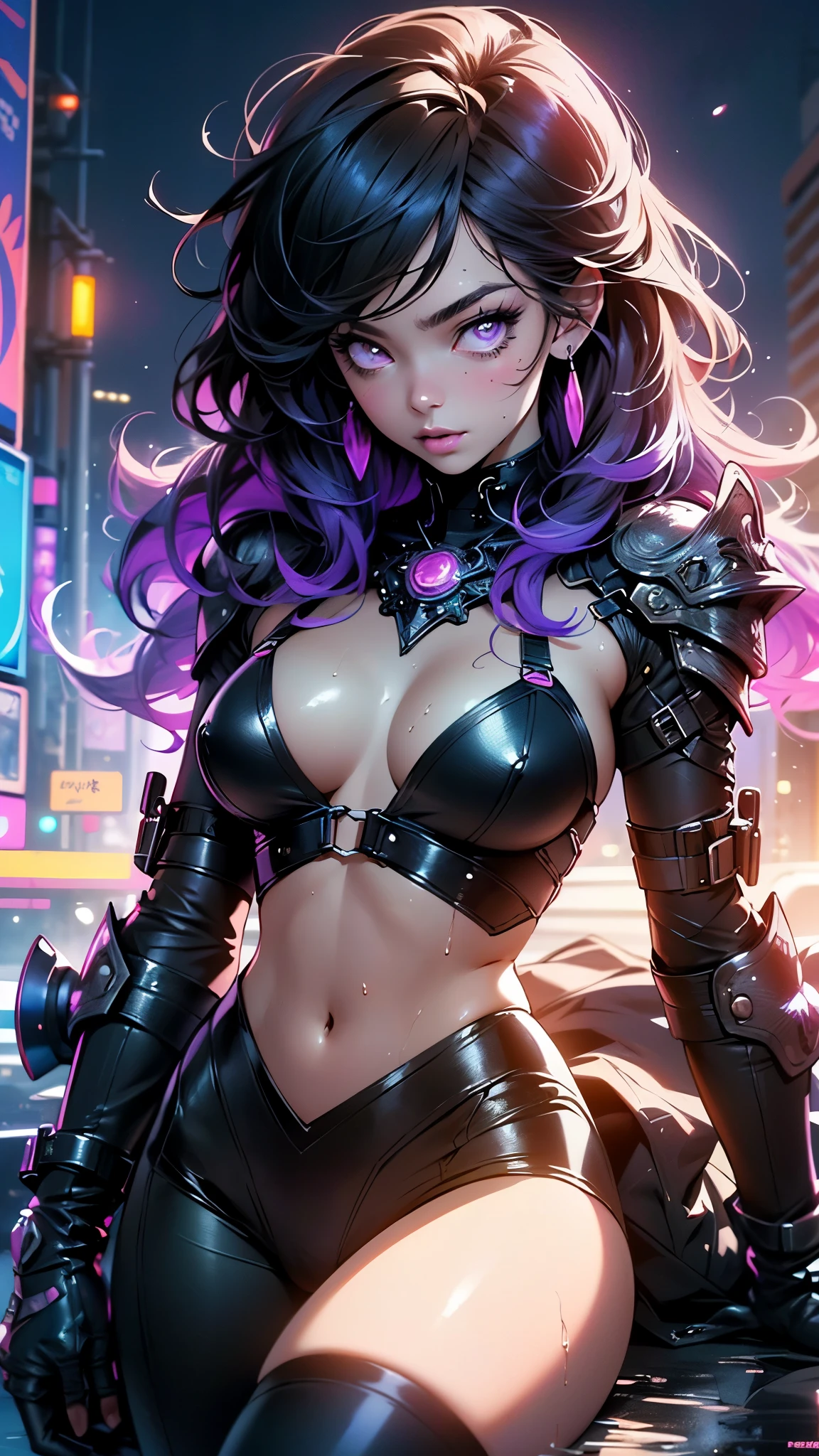 girl spacepunk,(1girl),((cute and beautiful black haired girl)),
(large breasts:1.4),saggy breasts,(((black wavy hair:1.35,absurdly long unkempt hair,messy hair,colored inner hair,ear breathing))),(((purple_eyes:1.3))),intricate eyes,beautiful detailed eyes,symmetrical eyes,((fat)),(((lustrous skin:1.5,bright skin: 1.5,skin tanned,shiny skin,very shiny skin,shiny body,plastic glitter skin,exaggerated shiny skin,illuminated skin,wet legs))),(spider lower abdomen,narrow waist,wide hip,athletic body,inflated legs, thick thighs,detailed body,(detailed face)),
cute,slutty,erotic,((nsfw)),
zettai ryouiki,revealing clothing,show skin,(wearing a mechanical space body armor:1.3,micro armor bikini,bare legs),with micro clothes,almost totally naked,with little clothing,tiny thong,generous neckline,(((wet clothes,intricate outfit,intricate clothes))),
dynamic pose:1.0,embarrassed,(centered,scale to fit dimensions,Rule of thirds),
cyberpunk city by the ocean at night, with bright neon signs and dark stormy clouds and puddles, scenery:1.25,nighttime, starry night, cosmos,Very dark night that makes the neon lights stand out, very bright neon lights,nighttime, starry night, cosmos,
artistic photography,(photography taken by sldr),highres, sharp focus,(ultra detailed, extremely detailed), (photorealistic artwork:1.37),(extremely detailed CG unity 8k wallpaper),((synthwave background theme)),(((vibrant colors))),intricate,(intricate background),(masterpiece),(best quality),perfect rendered face,perfect face details,realistic face,photo realistic,analog style,((intricate detail)),(((realism))),