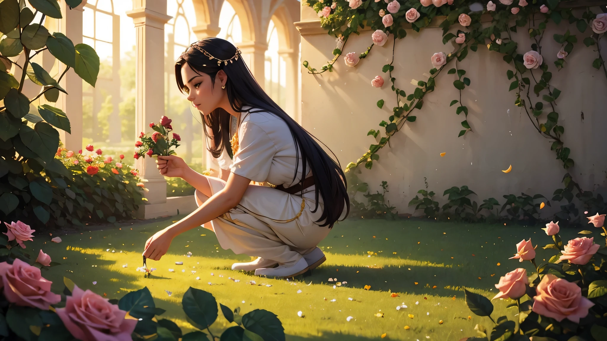 jasmine picking a flower in a royal rose garden