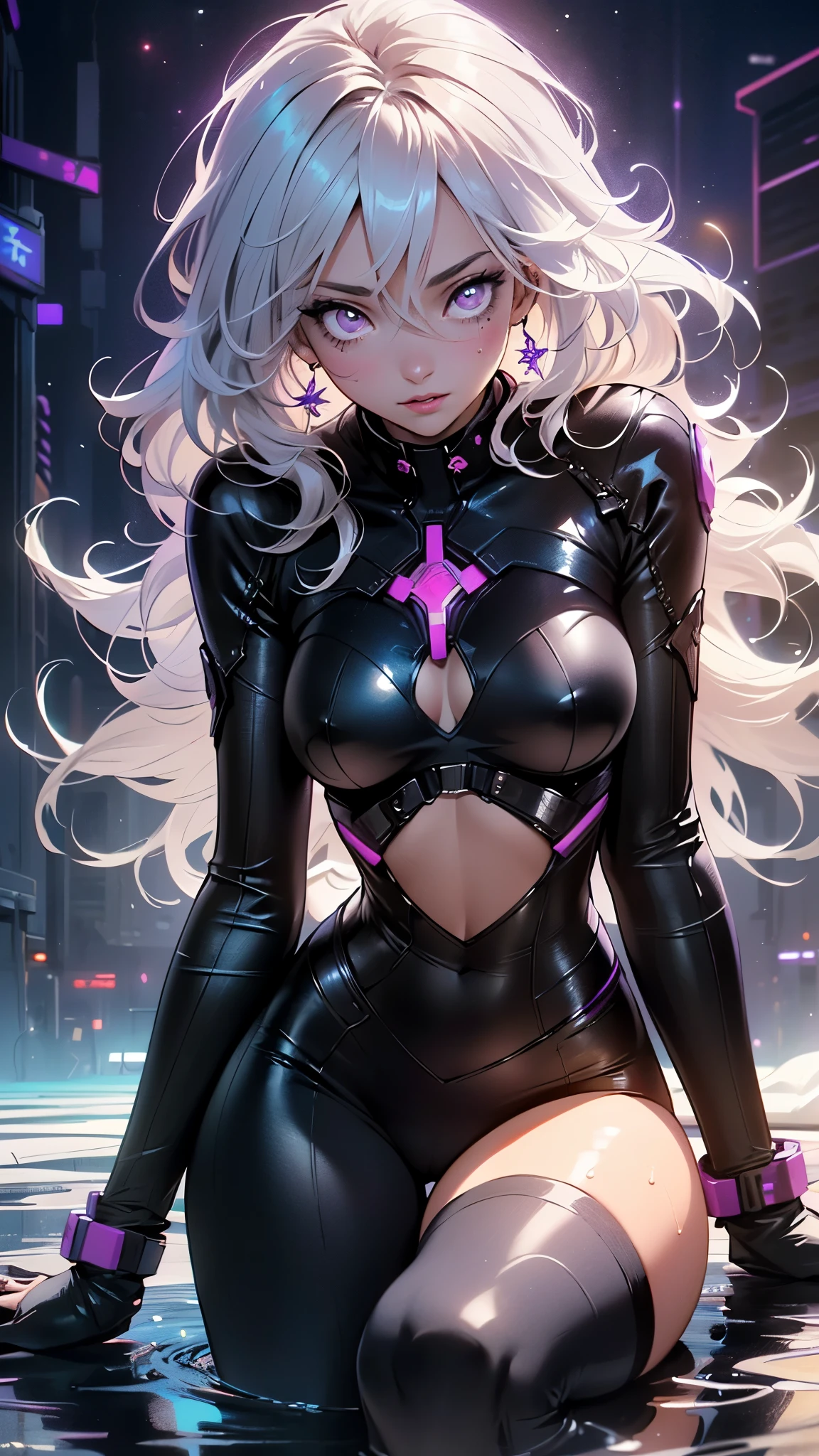 8k,highres,absurdres,masterpiece,best quality,(ultra realistic,32k, masterpiece:1.2),(high detailed skin:1.1),( high quality:1.1),
1girl,bangs,b34n bodysuit,(pruple bodysuit:1.2),pubic tattoo,(looking at viewer, standing,:1.1),panorama,cowboy_shot,full_shot,very long hair,dissemination,scatter hair,purple eyes,evil_eyes,glowing eyes,eyeshadow,black eye shadow,crazy_smile,yandere,dark_persona,glowing tattoo,blonde hair,big breasts,slender_waist,