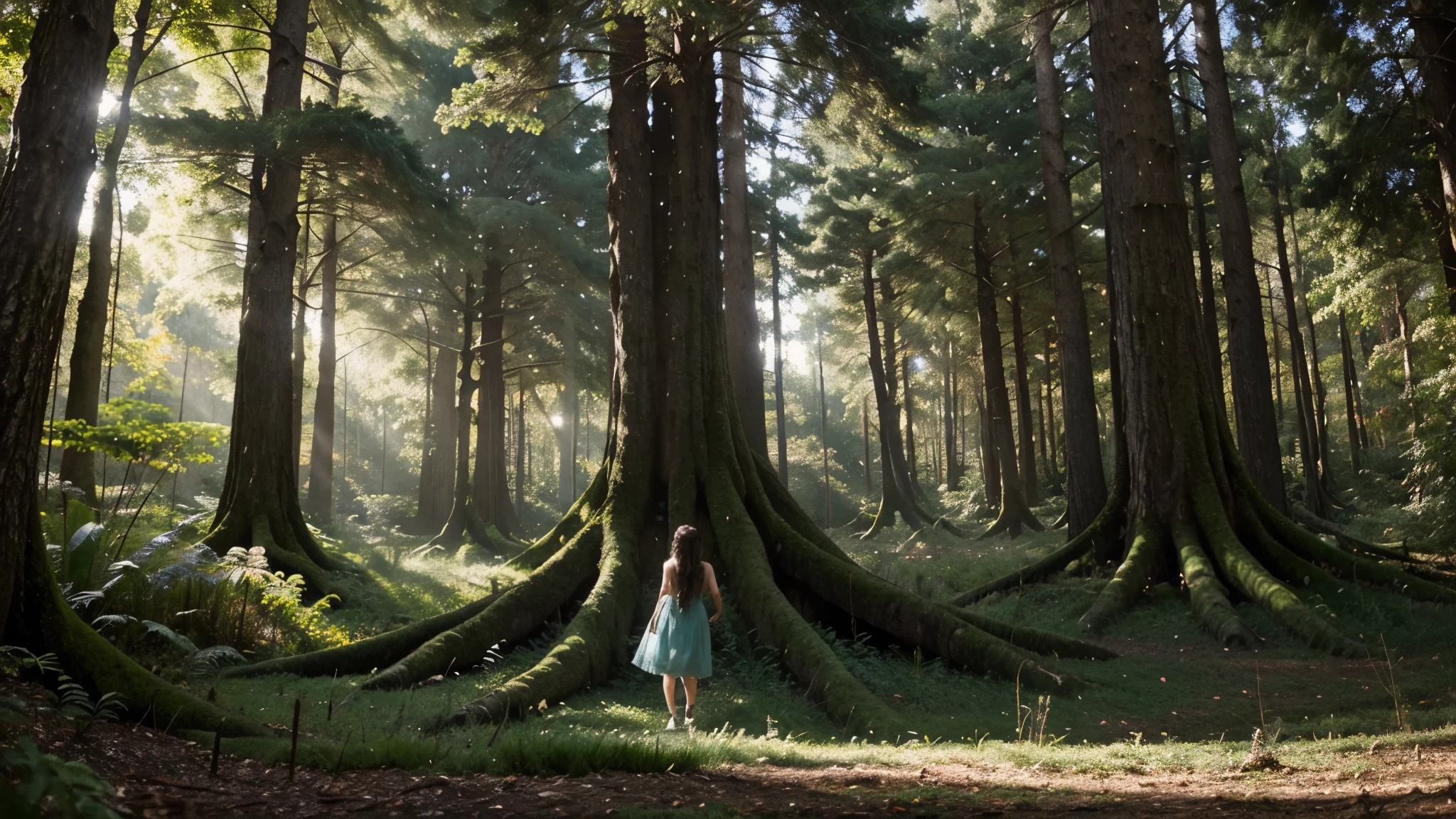 Vividly describe a magical, surreal scene in an enchanted forest, onde cogumelos gigantes se erguem como torres, Curious gnomes hide among the tree roots and fairies dance in the air, envolvidas por uma luz suave que transforma a paisagem em um reino de maravilhas. Explore as cores vibrantes, the mystical details and enchanting atmosphere of this surreal forest, criando uma narrativa que transporte os espectadores para um mundo de magia e encantamento.