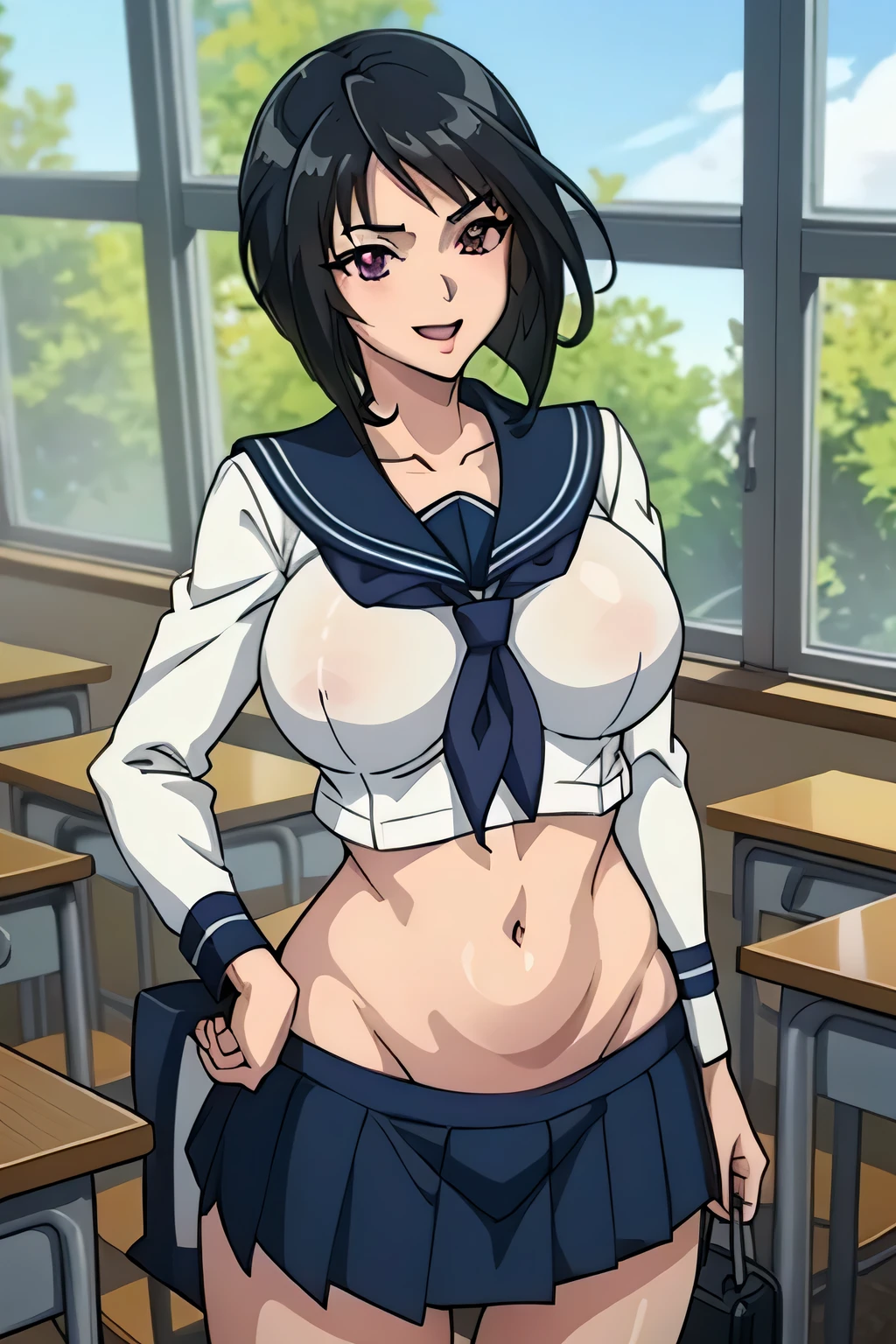 (masterpiece, highres, high quality:1.2), intricate details, cinematic lighting, ambient occlusion,
WakatsukiRisa, 1girl, solo, mature female, standing, hands on hips,
naughty face, smile,
black hair, short hair, makeup, lipstick, eyelashes, purple eyes, detailed eyes, perfect face,
medium breasts, narrow waist, masterpiece, best quality, highly detailed, a anime girls in sailor uniforms with a gun posing for a picture, evil smile, smile, open mouth,black_serafuku, ecchi anime style, anime girls , (nsfw) not safe for work, ecchi style, ecchi, shipgirls, digital anime art!!, high school girls, in anime style, official artwork, beautiful anime high school girl, anime style 4 k, micro skirt, exposed belly, exposed navel, exposed midriff, exposed lower belly,school, classroom,
