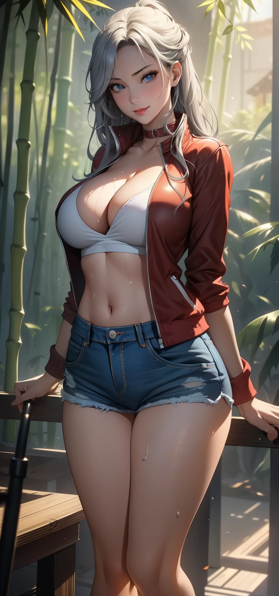 1female,36 years old,MILF,mature,Bigchest,Big breasts Thin waist,slenderlegs,long leges,Busty and sexy,Pornographic exposure, solo,(Background with:bamboo forrest,clubs) She has long silver-gray hair,standing on your feet,Sweat profusely,drenched all over the body,seen from the front, hair straight, mostly cloudy sky,(((tmasterpiece),(Very detailed CG unity 8K wallpaper),best qualtiy,cinmatic lighting,detailed back ground,beatiful detailed eyes,Bright pupils,(Very fine and beautiful),(Beautiful and detailed eye description),Blue eyes,Redlip,ultra - detailed,tmasterpiece,)),facing at camera,A high resolution,ultra - detailed),revealing breasts,Bare genitalia, Bulge,legs are open,sexyposture,Camel toes,Flushed complexion,Smile,frontage,(Wearing:Red baseball jacket,Black slave collar,Sexy denim shorts,athletic sneakers)