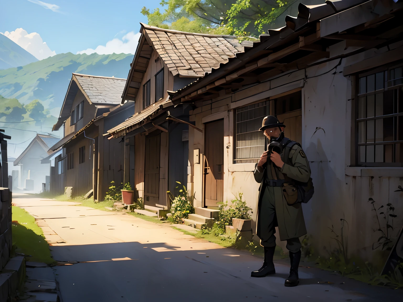 a man in a village well destroyed by war and taken over by nature, This village has a library where the man is this man is wearing a soldier&#39;s outfit from the Second World War and is holding a gas mask and one of his hands