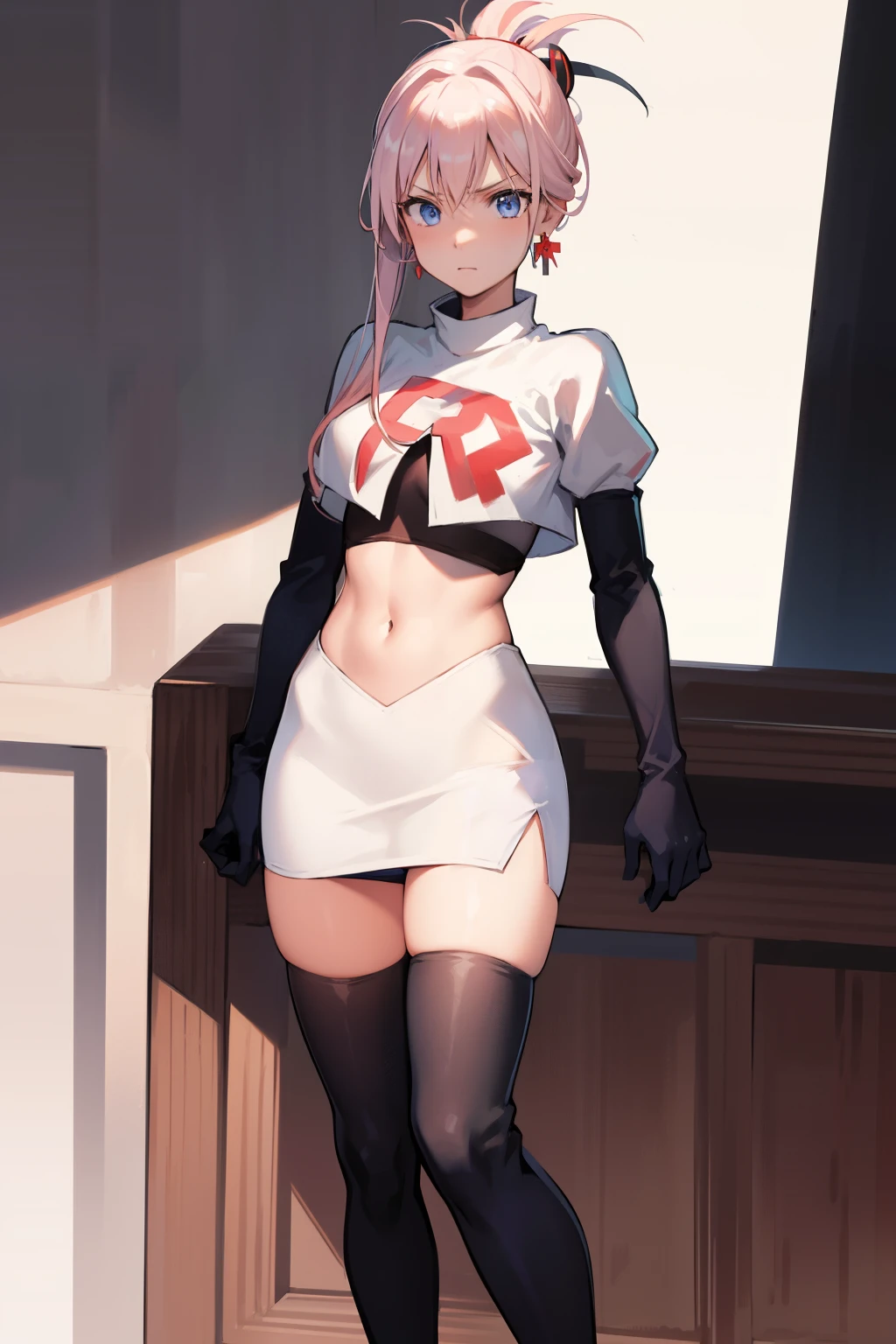 miyamotomusashi, miyamoto musashi, asymmetrical hair, blue eyes, earrings, hair ornament, pink hair, ponytail, sidelocks,team rocket,team rocket uniform, red letter R, white skirt,white crop top,black thigh-highs,black elbow gloves