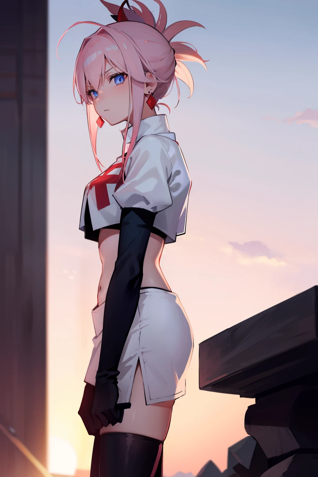 miyamotomusashi, miyamoto musashi, asymmetrical hair, blue eyes, earrings, hair ornament, pink hair, ponytail, sidelocks,team rocket,team rocket uniform, red letter R, white skirt,white crop top,black thigh-highs,black elbow gloves