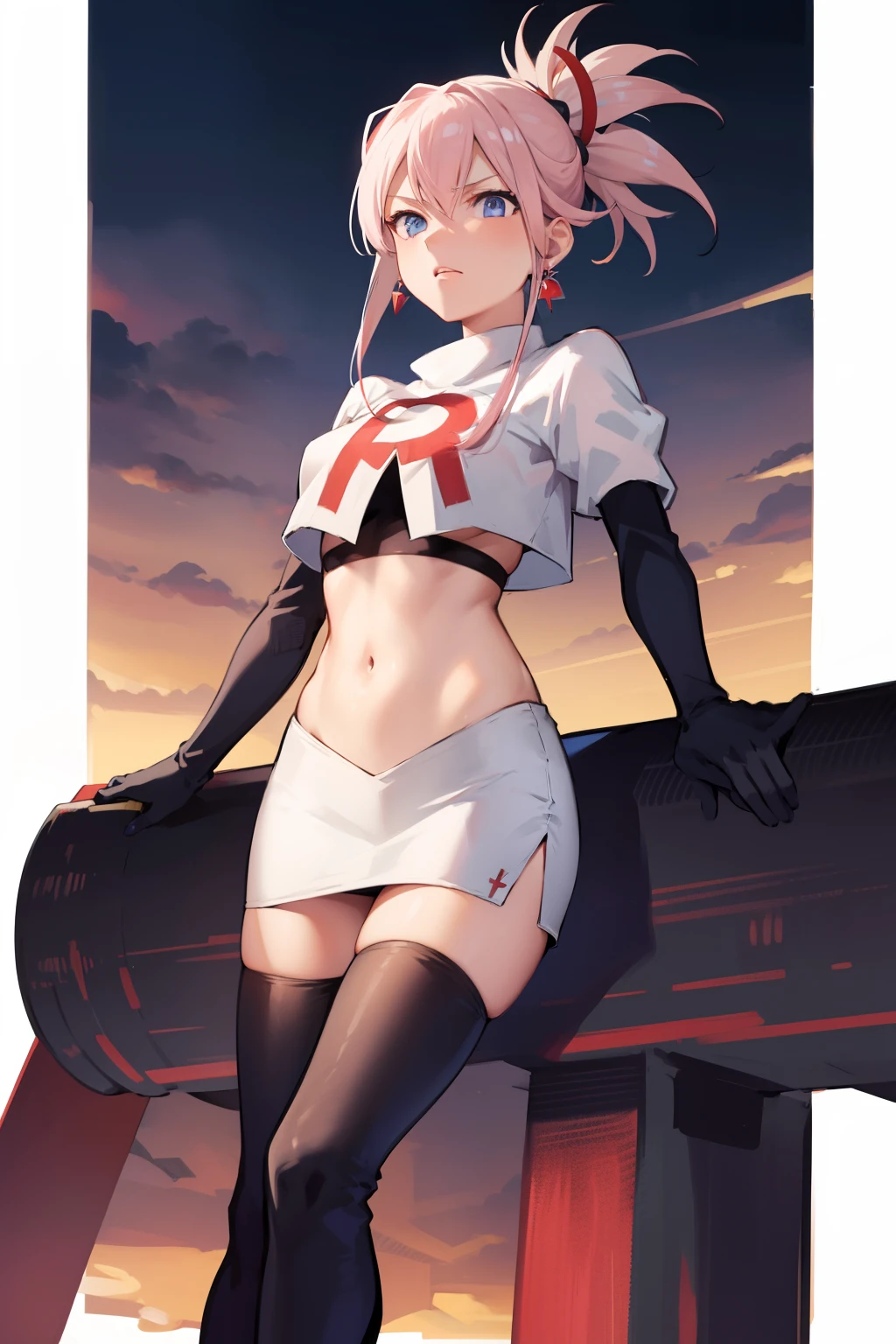 miyamotomusashi, miyamoto musashi, asymmetrical hair, blue eyes, earrings, hair ornament, pink hair, ponytail, sidelocks,team rocket,team rocket uniform, red letter R, white skirt,white crop top,black thigh-highs,black elbow gloves