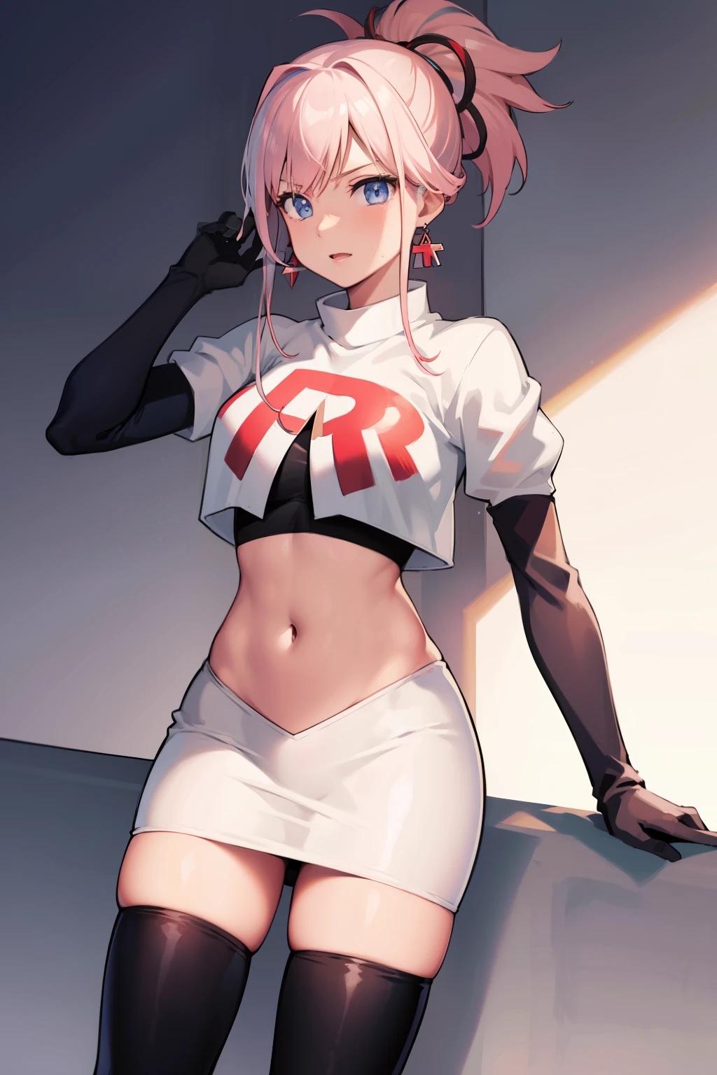 miyamotomusashi, miyamoto musashi, asymmetrical hair, blue eyes, earrings, hair ornament, pink hair, ponytail, sidelocks,team rocket,team rocket uniform, red letter R, white skirt,white crop top,black thigh-highs,black elbow gloves