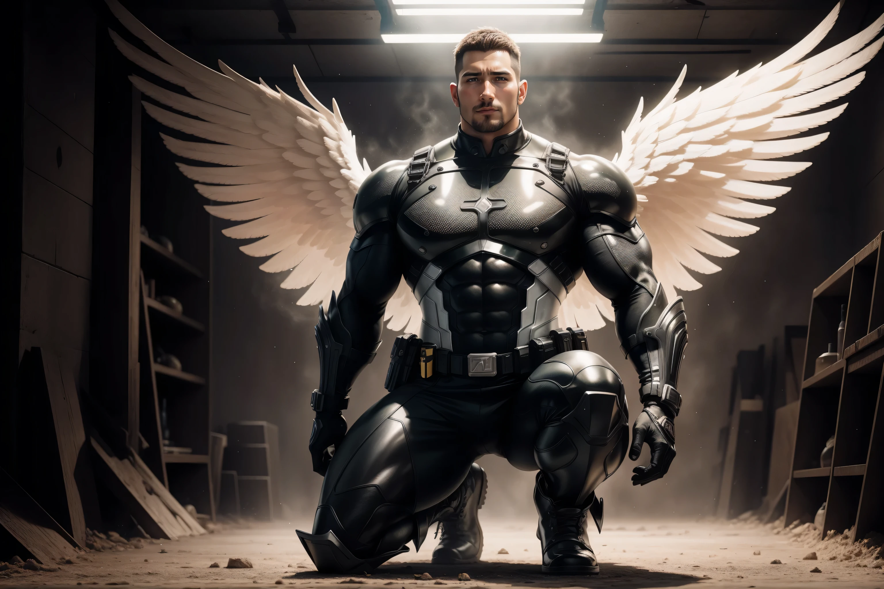 Tall giant muscular police officer,He knelt down on one knee,Black and yellow honeycomb network pattern nano mecha,Extra Archangel Aurora Mechanical Wings,character concept(Resident Evil - chris redfield,chris redfield)senior police officer,small grid texture,regular symmetrical texture pattern,sad expression,Deep and charming eyes,Emerald Eyes Hero,heroic male pose,高大burly,muscular!Charming leg muscles,High, burly, Heqiang, Super gain and cool, high resolution committee, Bigfoot black and yellow ultra-thin nano mechanical boots,Charming strong man,The bright sunshine is shining on you,matte particles,shiny texture