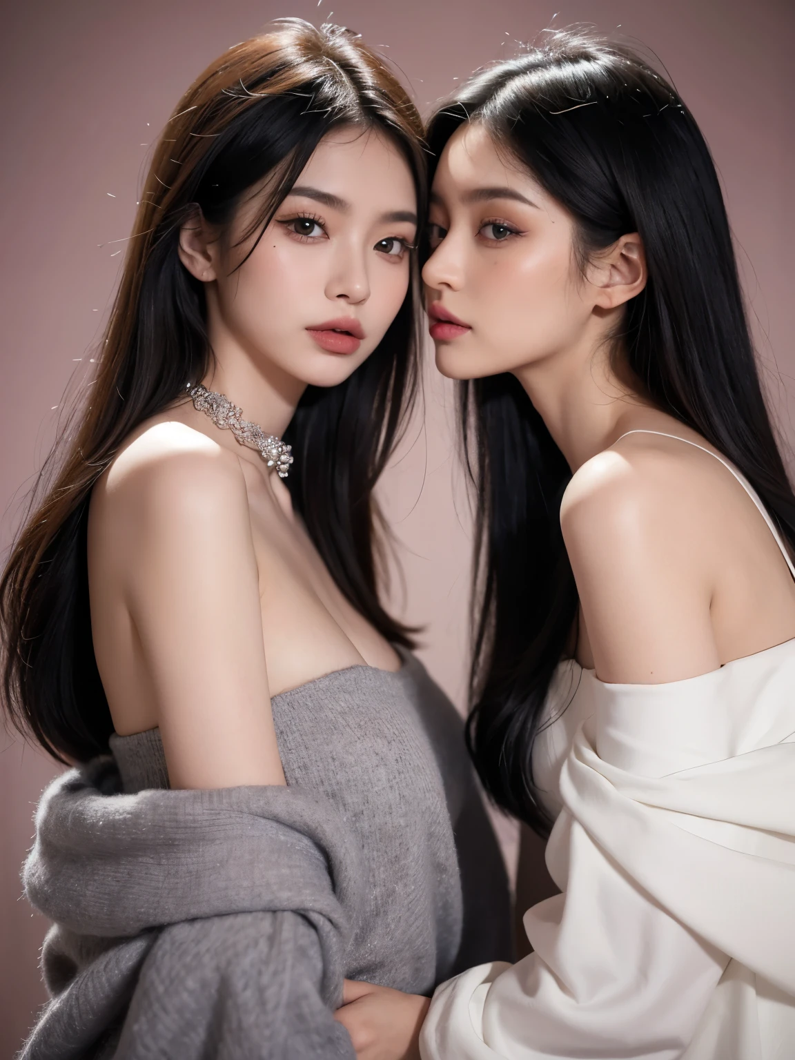 Kim Jennie con el cabello negro oscuro, con rulos en las puntas del cabello negro oscuro, con un ganchito de estrella en el cabello negro oscuro, ojos de color claro, ojos bonitos, nariz bonita y respingada, labios bonitos, labios rosas, heart and cupid shaped lip, piel bonita, pale, white skin, con lunares y pecas en todo el rostro, rubor rosa suave en las mejilla, rubor rosa natural, dark and gothic makeup, Jennie gotica, cuellos bonito, cuello marcado, frown, mirada enojada, con un collar de beso, un collar bonito de beso, mientras muestra sus pechos desnudos, mientras tiene los pezones con dos corazones de papel rosa, tiene los pezonnes con corazones de papel rosa (pechos grandes, pechos suaves, pechos bonitos, pechos naturaleirando a la camara, autofoto 