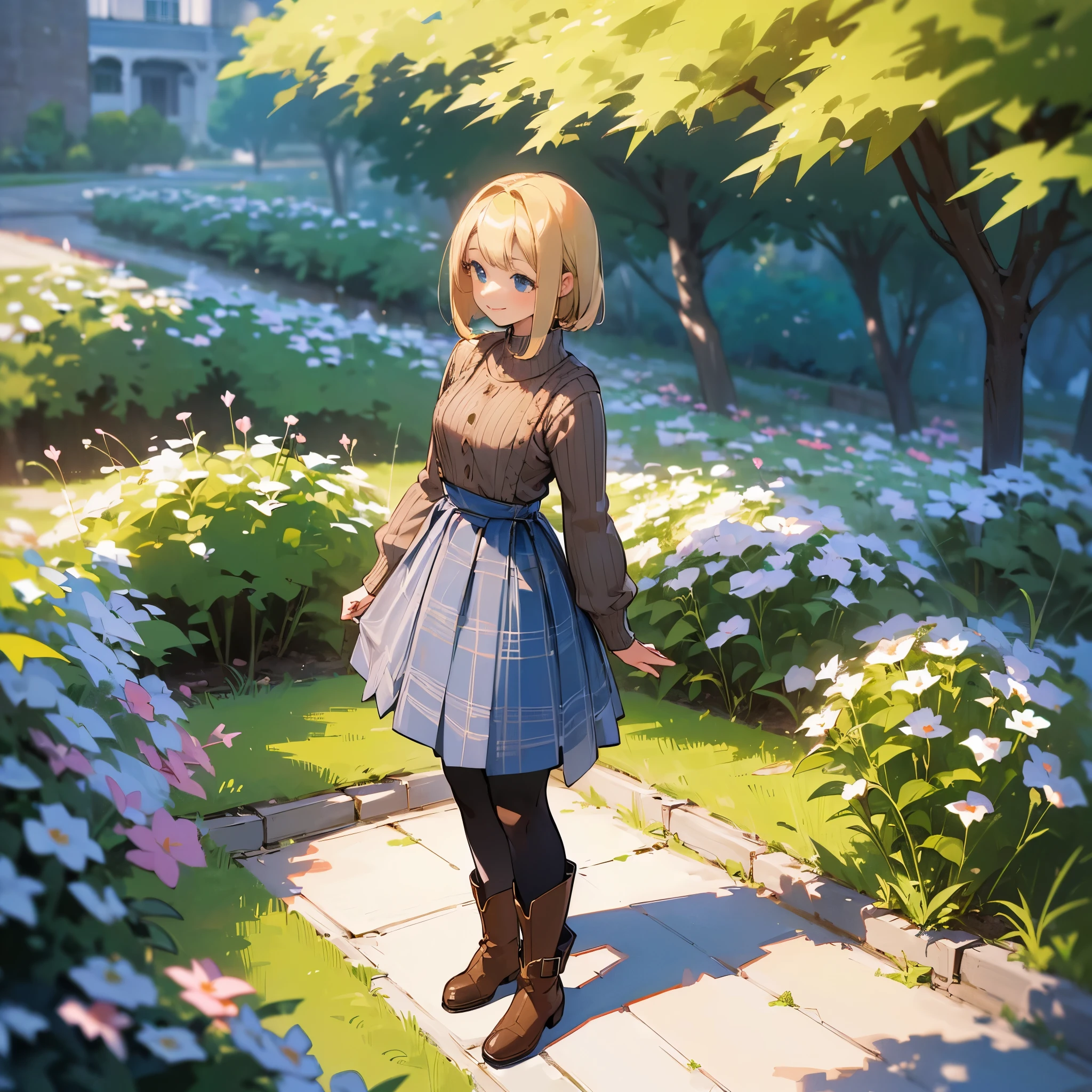(high quality, High resolution, Super detailed, reality:1.37), peaceful atmosphere, (outdoors, garden), teenage girl standing alone, (big chest.), beautiful detailed features, cute smile, (blonde bob hair), ribbed sweater, blue plaid skirt, black tights, brown boots.