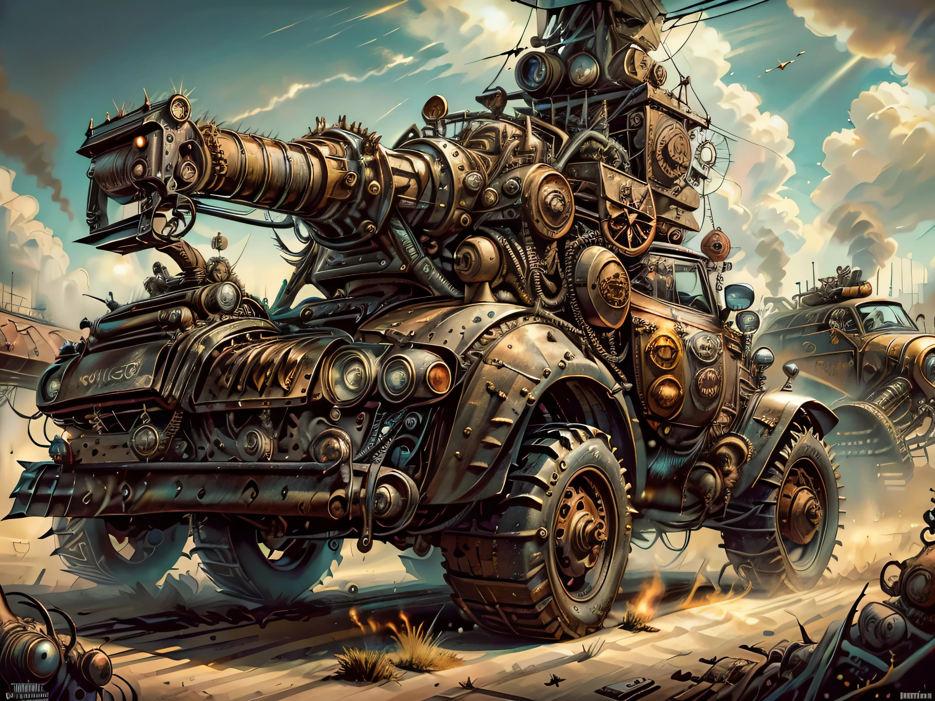 high resolution, 32K detailed and sharp image. La imagen debe ser super original y compleja, con una variedad de colores hermosos y vibrantes.(Obra maestra, Mejor calidad),vehiculo al estilo mad max a toda velocidad ,dejando estelas de arena vehiculos grandes ,mucho metal y epicos, ((conductores hombres al estilo mad max, peinados estilo punk adornos de metal cadenas:1.5 uno de ellos agarrado desde fuera del vehiculo con armas en la mano:1.4)). The backdrop of this masterpiece is nothing short of epic...., showing a destructive apocalyptic scene