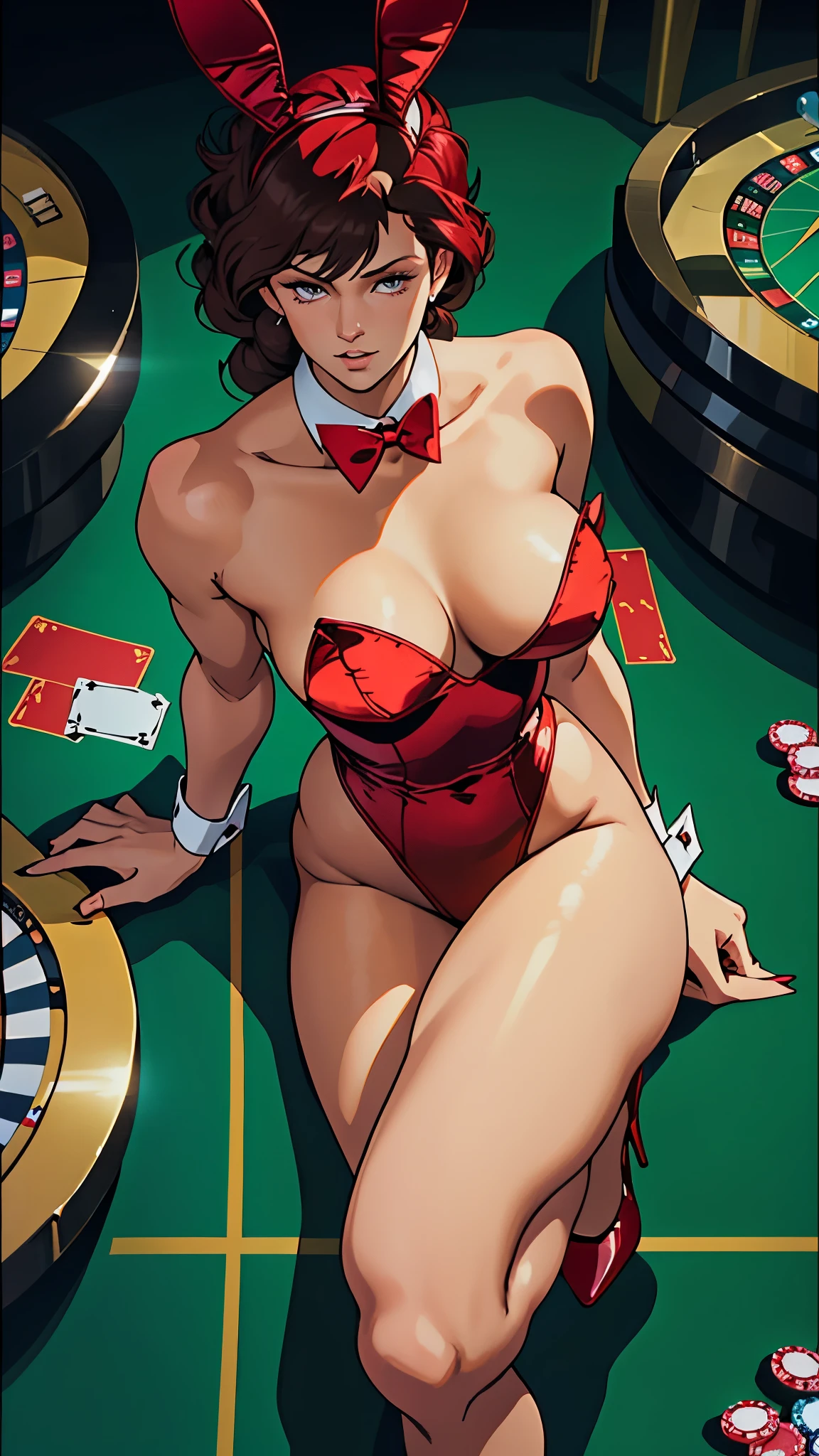 masterpiece, ultra quality, Beautiful detailed, extremely detailed,16K, exquisite, highres, Beautiful background, Beautiful eye, Beautiful skin, Bold line, anime style, (chest focus, From Above), (Kaori hides in a casino wearing a satin retro bunny costume.), Kaori, 1 girl, alone, 27 years old, cheeky sexy pose, Tomboy, woman&#39;s whole body, perfect figure, anger, blush, dissatisfied look, erotic, fascinating, Charm, beautiful woman face, deep red eyes, well-shaped eyelashes, perfect eyes, Glossy skin, oily skin, Lustrous skin, beautiful woman slender body, beautiful big breasts, cleavage, clavicle, (Wearing a satin retro bunny costume, stiletto heels:1.2), (cleavage), (boost), perfectly chiseled abs, beautiful long legs, retrobunny, (cameltoe), (perfect arms, perfect hands, perfect fingers, perfect anatomy), sweaty:1.4, Sweat droplets, humid, humid, (looking at the viewer), (casino, cinematic lighting, Bokeh), perfect quality, good quality, masterpiece, HDR, UHD,