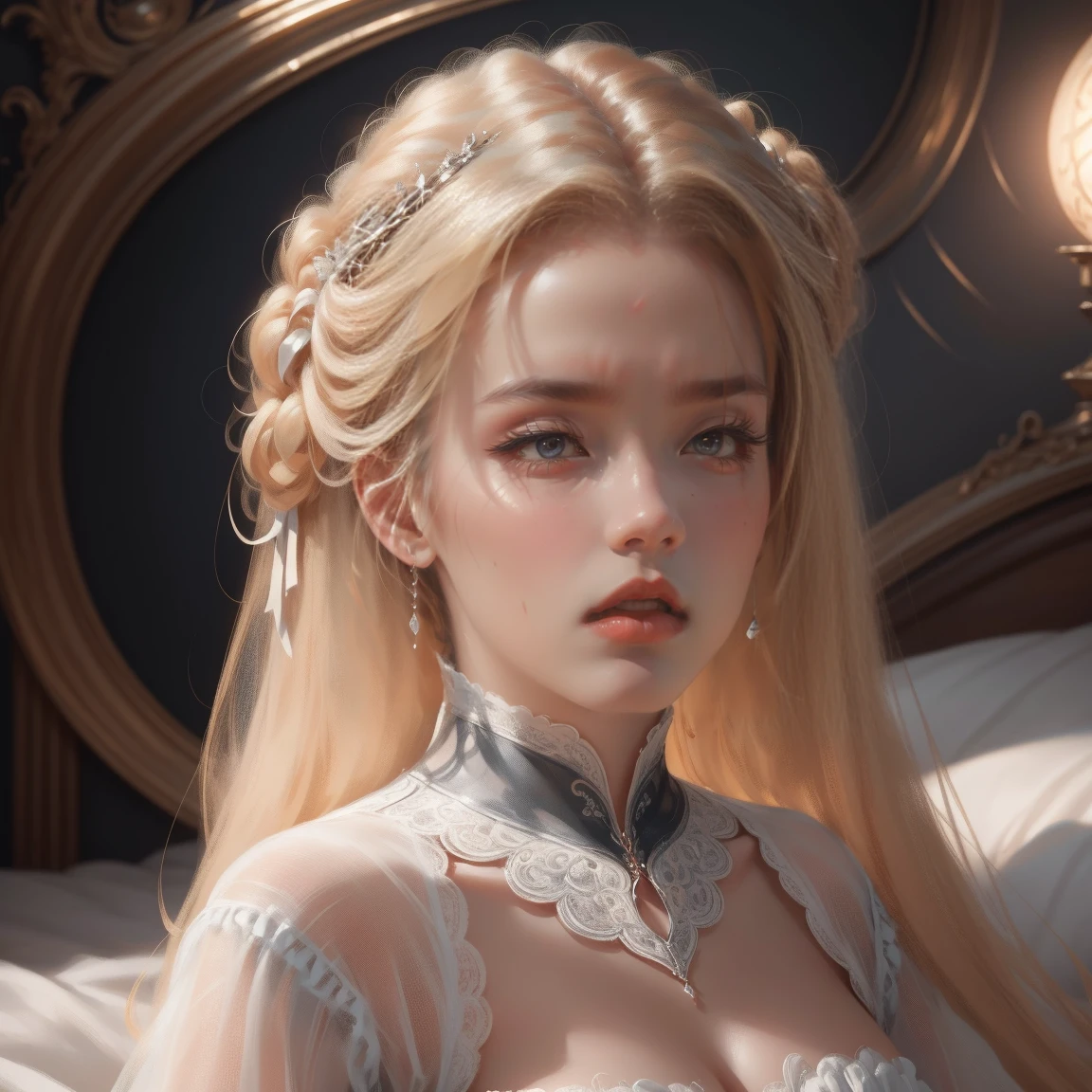 { - anatomy error}(Masterpiece - Ultra-detailed, very high resolution) Prepare to be enchanted by a true masterpiece that combines ultra-detailed art with high-resolution rendering. This work depicts a mesmerizing woman with very long blond hair (1.3) and captivating gray eyes (1.2), emanating an aura of elegance and mystery in Victorian settings. The intricate details and realistic textures invite you to explore every aspect of this enchanting composition. Woman wearing beautiful classic Victorian costume from the year 1878. Red lips. Happy face. Smiling. white (white) dress. Laying on the bed, backwards, looking back, dynamic poses. Get ready to dive into a world where beauty and craftsmanship merge perfectly.