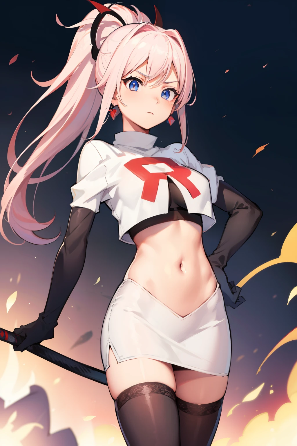 miyamotomusashi, miyamoto musashi, asymmetrical hair, blue eyes, earrings, hair ornament, pink hair, ponytail, sidelocks,team rocket,team rocket uniform, red letter R, white skirt,white crop top,black thigh-highs,black elbow gloves