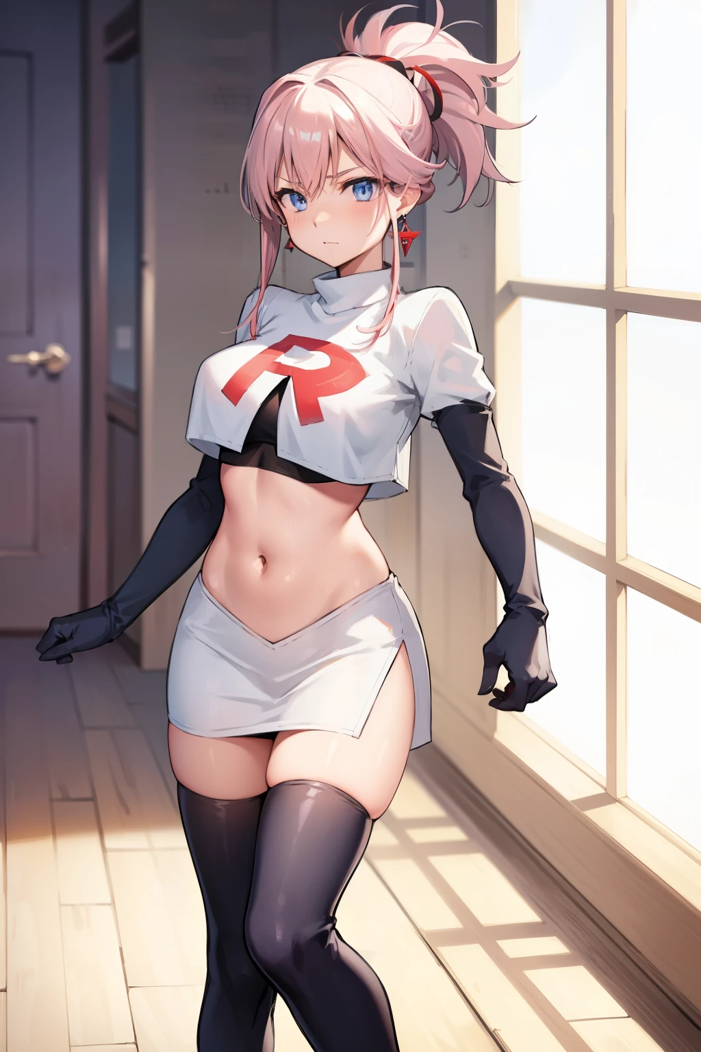 miyamotomusashi, miyamoto musashi, asymmetrical hair, blue eyes, earrings, hair ornament, pink hair, ponytail, sidelocks,team rocket,team rocket uniform, red letter R, white skirt,white crop top,black thigh-highs,black elbow gloves