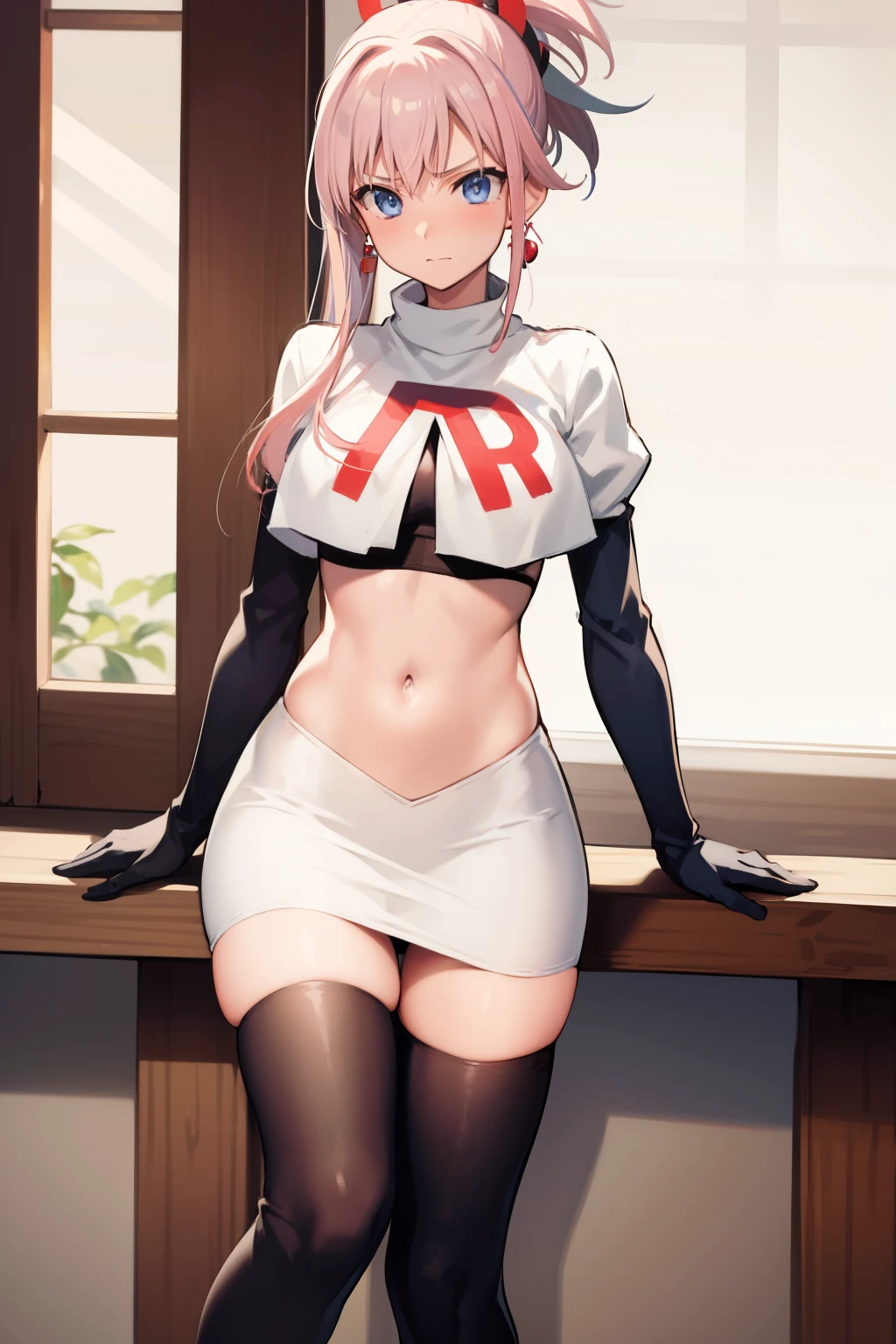 miyamotomusashi, miyamoto musashi, asymmetrical hair, blue eyes, earrings, hair ornament, pink hair, ponytail, sidelocks,team rocket,team rocket uniform, red letter R, white skirt,white crop top,black thigh-highs,black elbow gloves