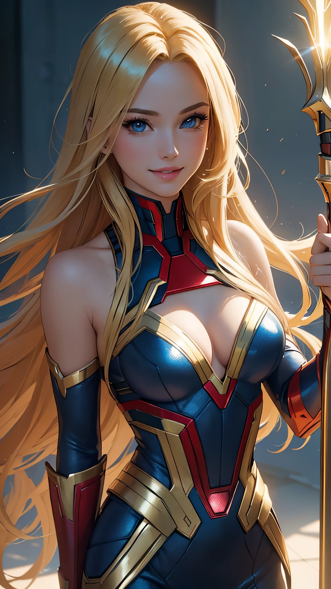 (best quality,ultra-detailed,photo-realistic:1.37),bright and vibrant colors,studio lighting,playful expression,stylish makeup,long blonde hair flowing in the wind,alluring eyes,glossy lips,sexy pose, 1945, Marvel Avengers, smiling in a confident and seductive way,posing for a professional photoshoot,shallow depth of field,highlighting the main subject,soft natural lighting,creating a dreamy and magical atmosphere.