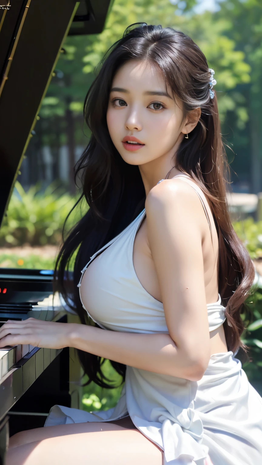 ((best quality, 8 thousand, masterpiece: 1.3)), (25 year old woman), ((That person's face is very small:1.3)), (glowing skin:1.3), (huge breasts, abandoned box:1.4), 매우 detailed face과 피부 질감, detailed eyes, double eyelid, realistic, Highly Detailed CG Integrated 8 thousand Dendenden Wallpapers, Detail, High-quality RAW color photos, professional photography, (8 thousand, RAW photos, best quality:1.2), (she is playing the piano:1.4), transcendent beauty, young and cute, indian woman, (shiny skin:1.3), (huge breasts:1.2), (detailed face:1.2), (long hair blowing in the wind:1.2), (Twisted dress:1.4), pink, (sit on a chair and watch the piano), Sit, nice piano, two arms,