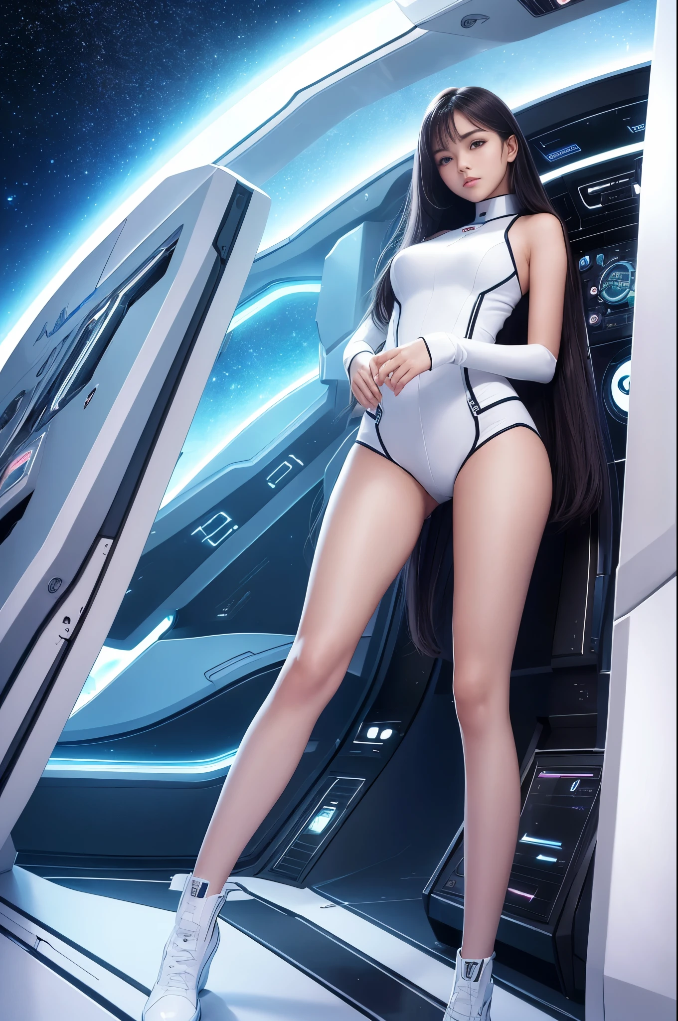 1 cute and beautiful girl, 20 years old, in a huge spaceship, full of technology and futuristic inside, open vision, smooth lines, inspired by the movie space traveler, seductive appearance, ultra HD, sexy long legs