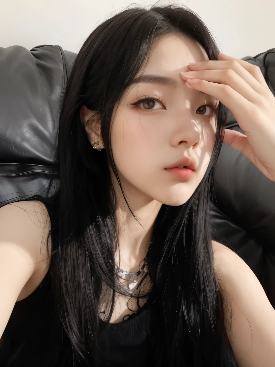 araffe woman with long black hair sitting on a couch, cruel korean goth girl, ulzzang, with long hair and piercing eyes, jinyoung shin, gorgeous young korean woman, jisoo from blackpink, beautiful south korean woman, korean girl, wan adorable korean face, heonhwa choe, 19-year-old girl, jisoo of blackpink