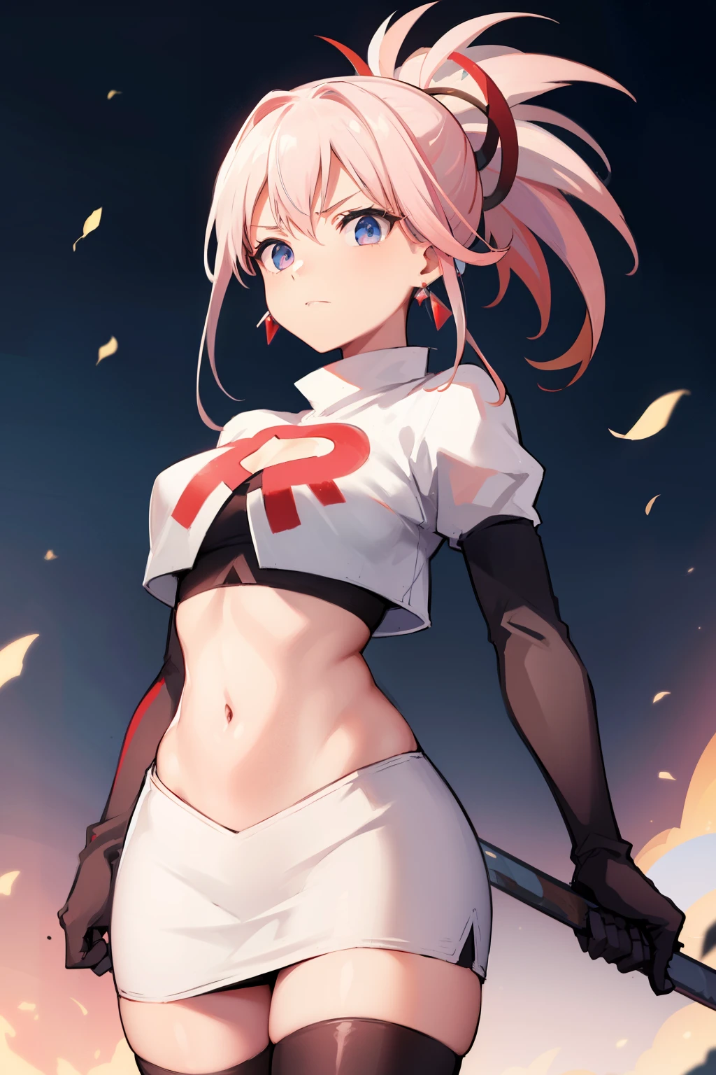 miyamotomusashi, miyamoto musashi, asymmetrical hair, blue eyes, earrings, hair ornament, pink hair, ponytail, sidelocks,team rocket,team rocket uniform, red letter R, white skirt,white crop top,black thigh-highs,black elbow gloves