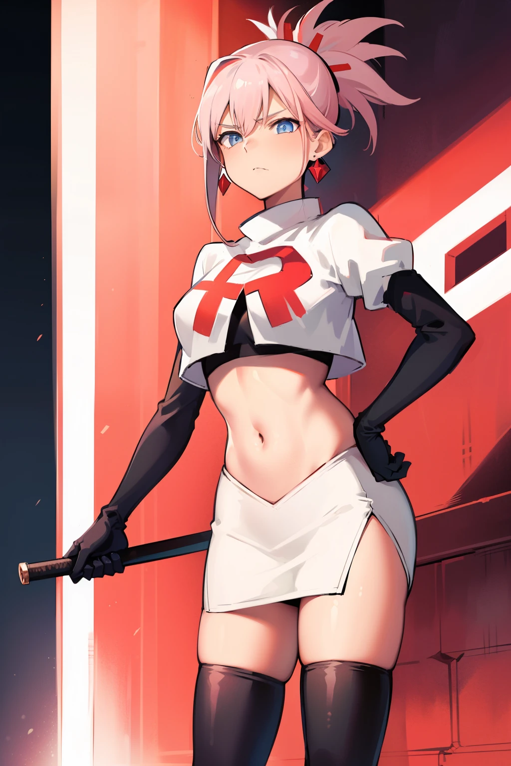 miyamotomusashi, miyamoto musashi, asymmetrical hair, blue eyes, earrings, hair ornament, pink hair, ponytail, sidelocks,team rocket,team rocket uniform, red letter R, white skirt,white crop top,black thigh-highs,black elbow gloves