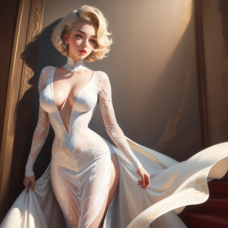 { - anatomy error}(Masterpiece - Ultra-Detailed, High Resolution) Prepare to be enchanted by a true masterpiece that combines ultra-detailed art with high-resolution rendering. This work shows a mesmerizing woman, with short, light blonde hair, 1950s style, Marilyn Monroe (1.3) and captivating brown eyes (1.2), New York illustration style, wearing red lipstick, emanating an aura of elegance and mystery. Wearing classic 1950s clothing. sexy. Intricate details and realistic textures invite you to explore every aspect of this enchanting composition. Transparent white dress. Walking, writing, lying, standing, on your back, dynamic poses. Get ready to dive into a world where beauty and craftsmanship merge perfectly.