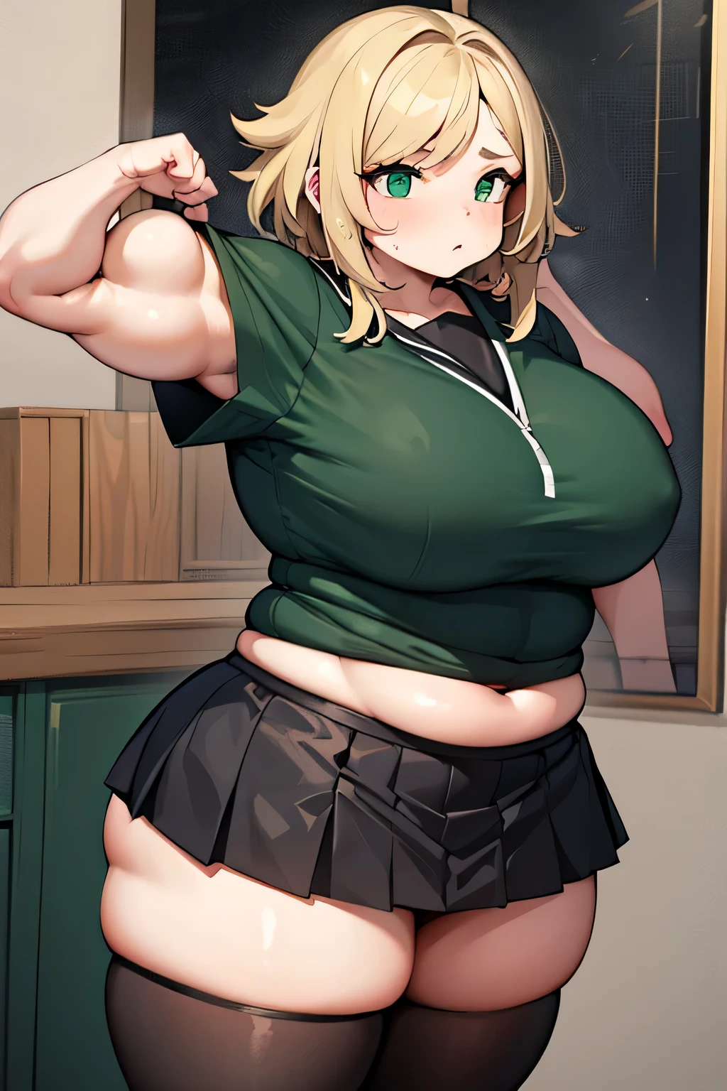 obra de arte, melhor qualidade, 1 adolescente, ultra detalhado, tema escuro, sudorese, short molecaish hair, Cabelo loiro, olhos verdes, moleca, uniforme de  da escola, garota gorda, love handles, muito gordo, garota musculosa