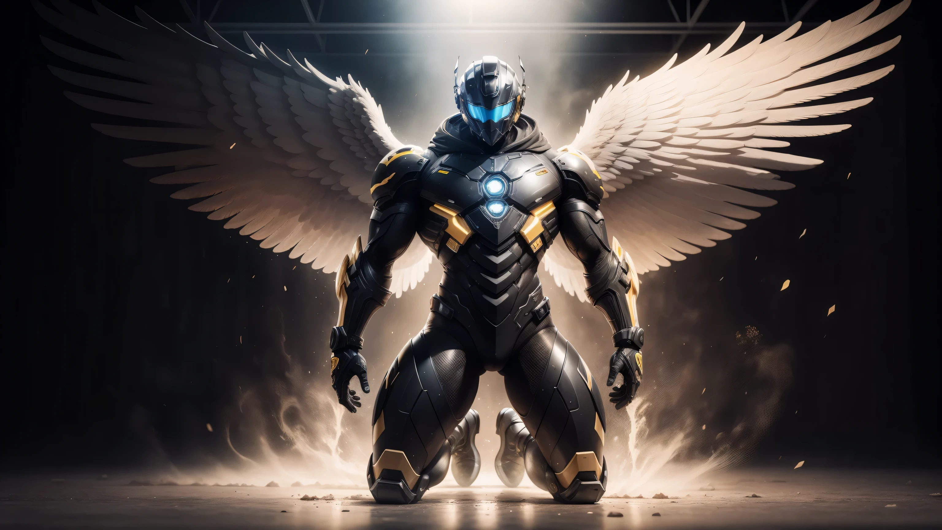 1 Muscular male angel wearing a technological helmet,He knelt down on one knee,Black and yellow honeycomb network pattern nano mecha,huge black angel wings,Mechanical helmets,small grid texture,regular symmetrical texture pattern,heroic male pose,高大burly,muscular!Charming leg muscles,High, burly, Heqiang, Super gain and cool, high resolution committee, Bigfoot black and yellow ultra-thin nano mechanical boots,Charming strong man,The bright sunshine is shining on you,matte particles,shiny texture