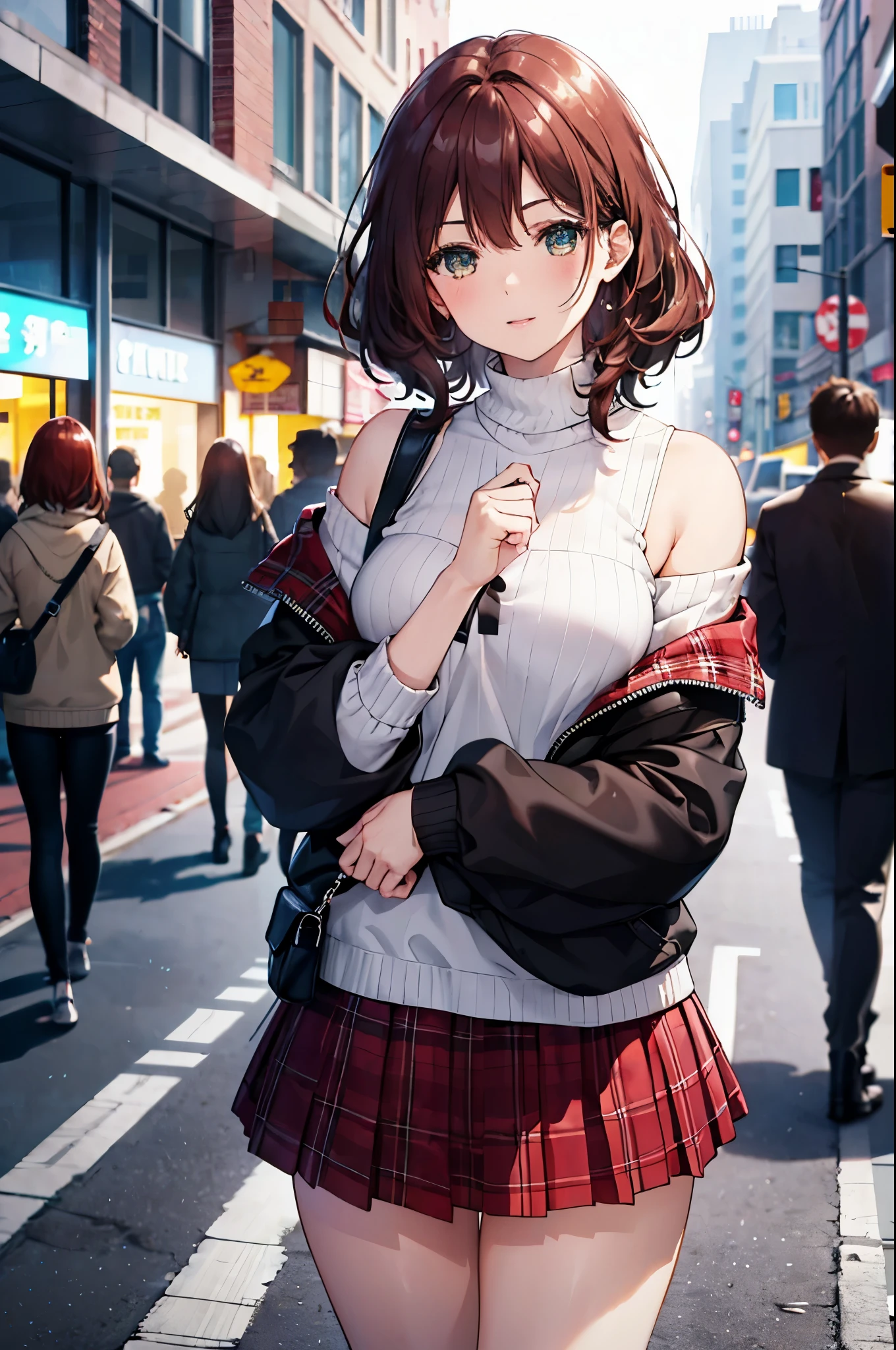 realistic image, coherent image, detailed image, 1 beautiful girl. She has medium-long, brown hair. Her eyes are green, long eyelashes. Her face is oval and delicate, smiling. She is wearing a long-sleeved, shoulder-baring, off-shoulder top, plaid pleated mini skirt. She has a curvy body, medium breasts, thick thighs, sneakers. sexy pose. full body view. Urban background, surrounded by people, natural lighting, volumetric lighting,