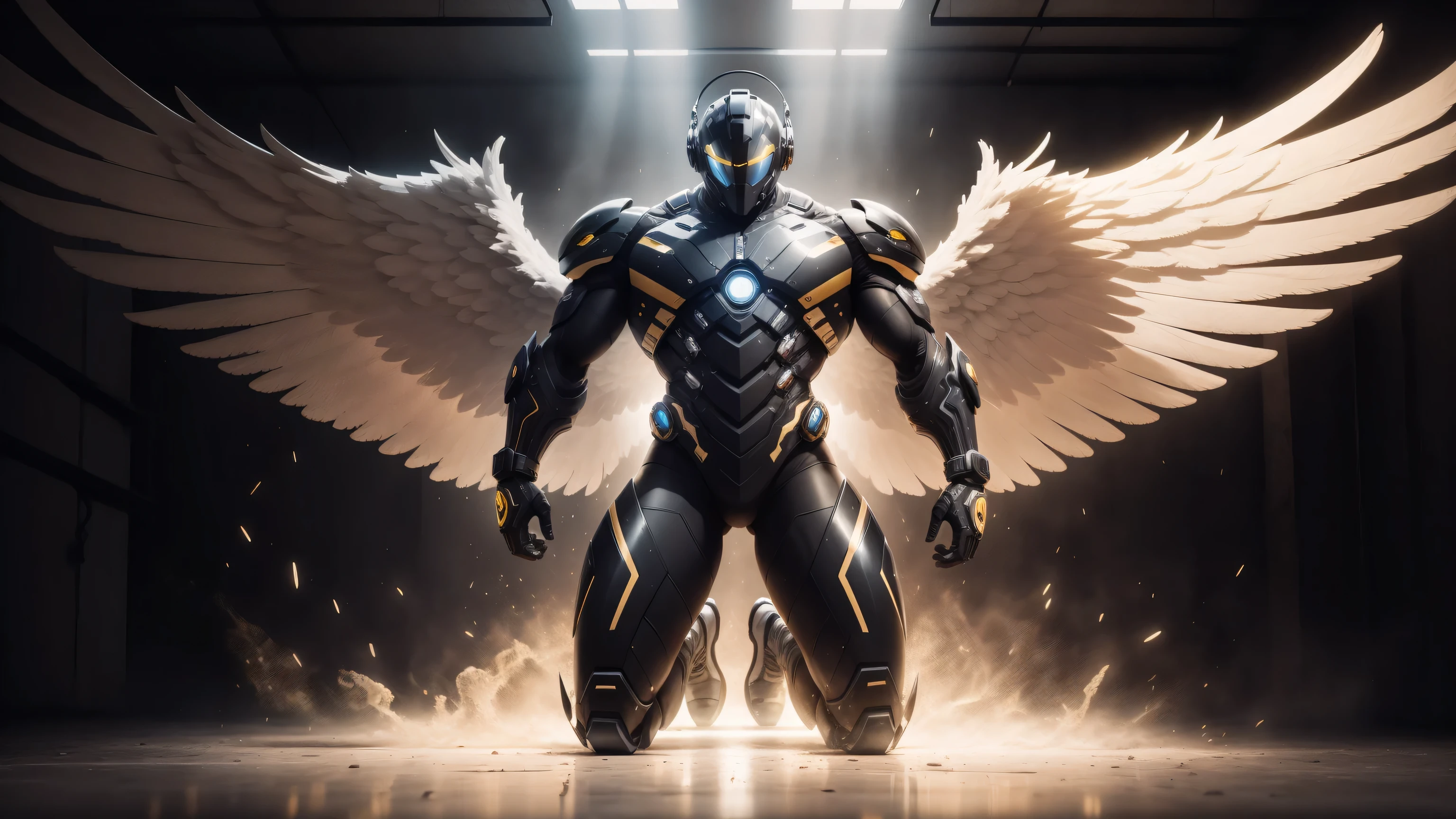 1 Muscular male angel wearing a technological helmet，He knelt down on one knee，Black and yellow honeycomb network pattern nano mecha，huge black angel wings，Mechanical helmets，small grid texture，regular symmetrical texture pattern，heroic male pose，高大burly，muscular！Charming leg muscles，High, burly, Heqiang，  Super gain and cool， high resolution committee， Bigfoot black and yellow ultra-thin nano mechanical boots，Charming strong man，The bright sunshine is shining on you，matte particles，shiny texture