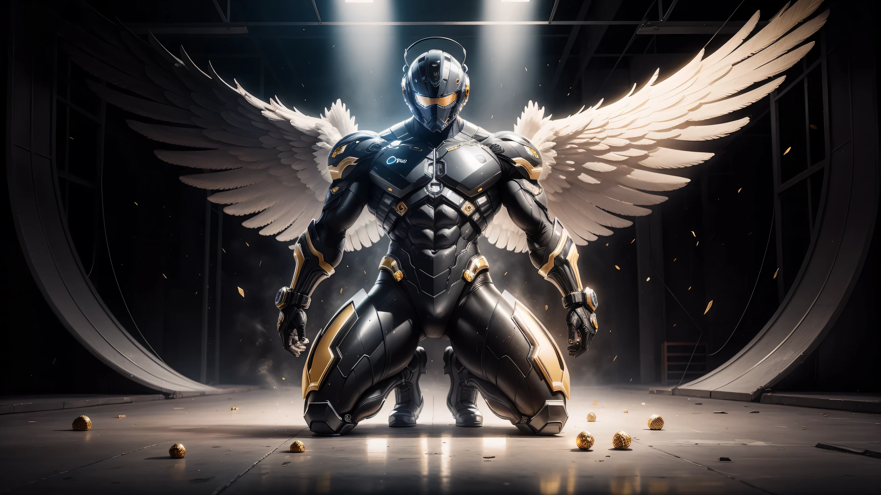1 Muscular male angel wearing a technological helmet，He knelt down on one knee，Black and yellow honeycomb network pattern nano mecha，black huge black angel wings，Mechanical helmets，small grid texture，regular symmetrical texture pattern，heroic male pose，高大burly，muscular！Charming leg muscles，High, burly, Heqiang，  Super gain and cool， high resolution committee， Bigfoot black and yellow ultra-thin nano mechanical boots，Charming strong man，The bright sunshine is shining on you，matte particles，shiny texture