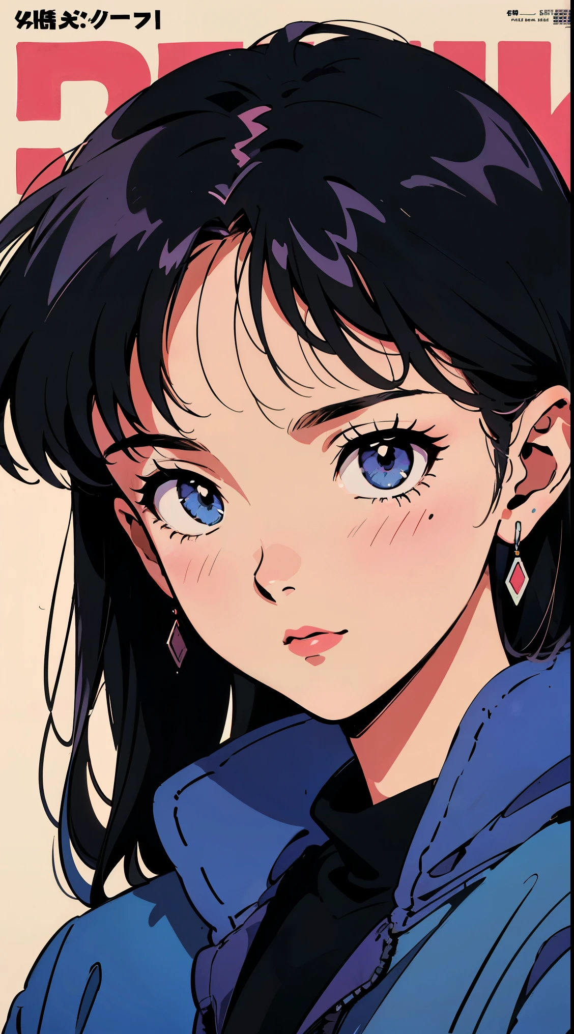 the highest image quality, 1980s style anime, 21 year old girl, black hair, with a loose sweatshirt, White background, magazine cover, close up of face