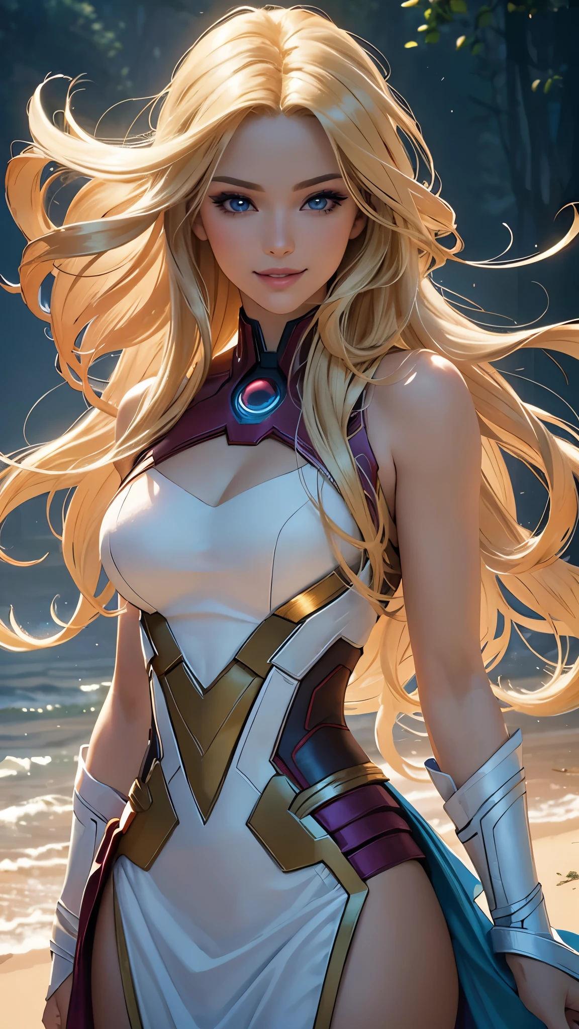 (best quality,ultra-detailed,photo-realistic:1.37),bright and vibrant colors,studio lighting,playful expression,stylish makeup,long blonde hair flowing in the wind,alluring eyes,glossy lips,sexy pose, 1945, Marvel Avengers, smiling in a confident and seductive way,posing for a professional photoshoot,shallow depth of field,highlighting the main subject,soft natural lighting,creating a dreamy and magical atmosphere.