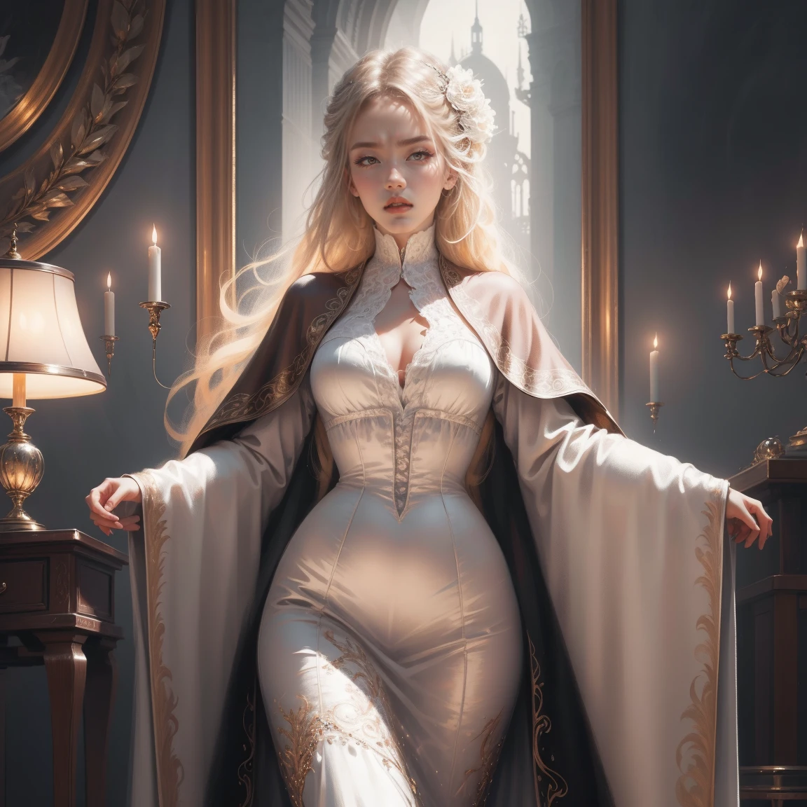 { - anatomy error}(Masterpiece - Ultra-detailed, very high resolution) Prepare to be enchanted by a true masterpiece that combines ultra-detailed art with high-resolution rendering. This work depicts a mesmerizing woman with very long blond hair (1.3) and captivating gray eyes (1.2), emanating an aura of elegance and mystery in Victorian settings. The intricate details and realistic textures invite you to explore every aspect of this enchanting composition. Woman wearing beautiful classic Victorian costume from the year 1878. Red lips. Happy face. Smiling. white (white) dress. Walking, backwards, looking back, dynamic poses. Get ready to dive into a world where beauty and craftsmanship merge perfectly.