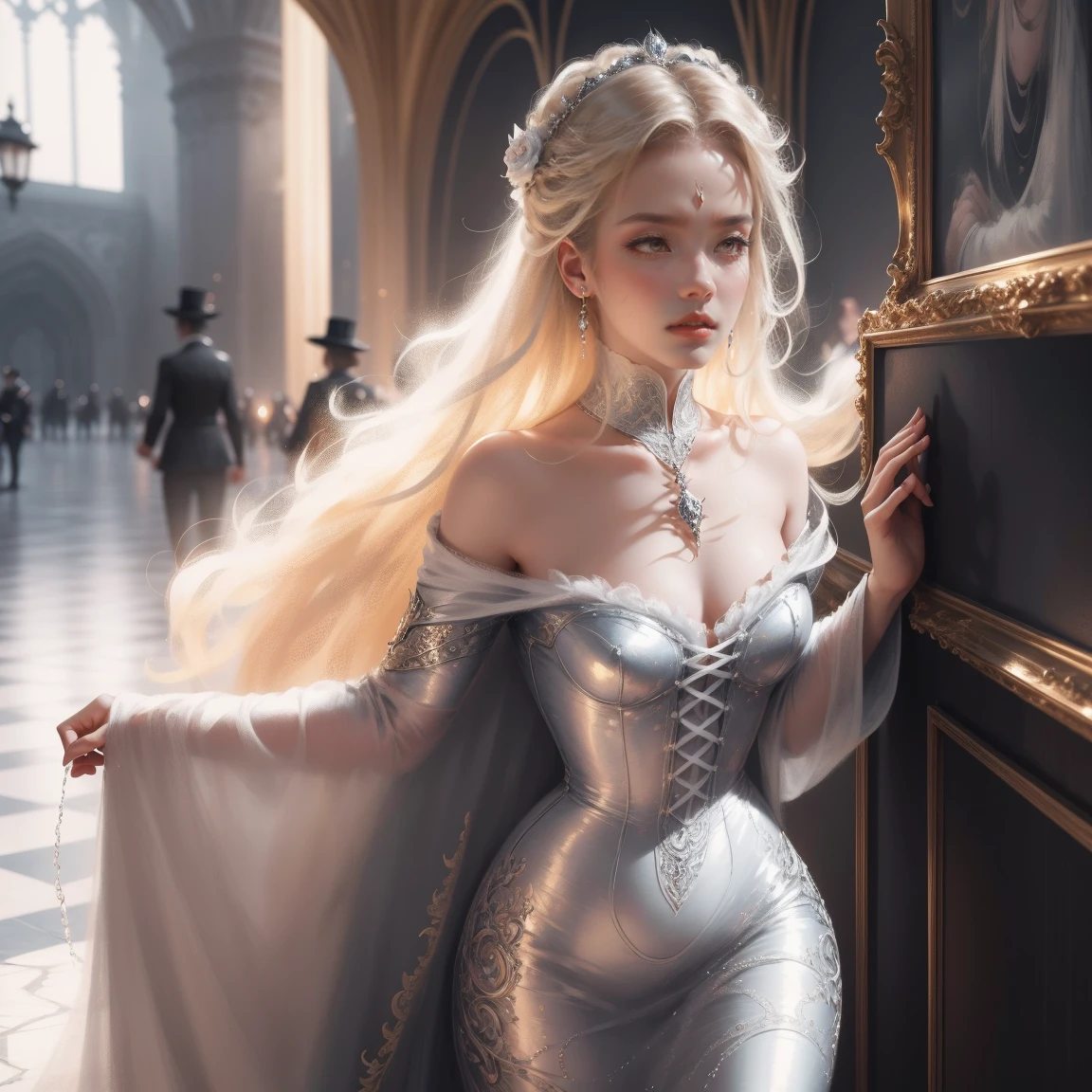 { - anatomy error}(Masterpiece - Ultra-detailed, very high resolution) Prepare to be enchanted by a true masterpiece that combines ultra-detailed art with high-resolution rendering. This work depicts a mesmerizing woman with very long blond hair (1.3) and captivating gray eyes (1.2), emanating an aura of elegance and mystery in Victorian settings. The intricate details and realistic textures invite you to explore every aspect of this enchanting composition. Woman wearing beautiful classic Victorian costume from the year 1878. Red lips. Happy face. Smiling. white (white) dress. Walking, backwards, looking back, dynamic poses. Get ready to dive into a world where beauty and craftsmanship merge perfectly.